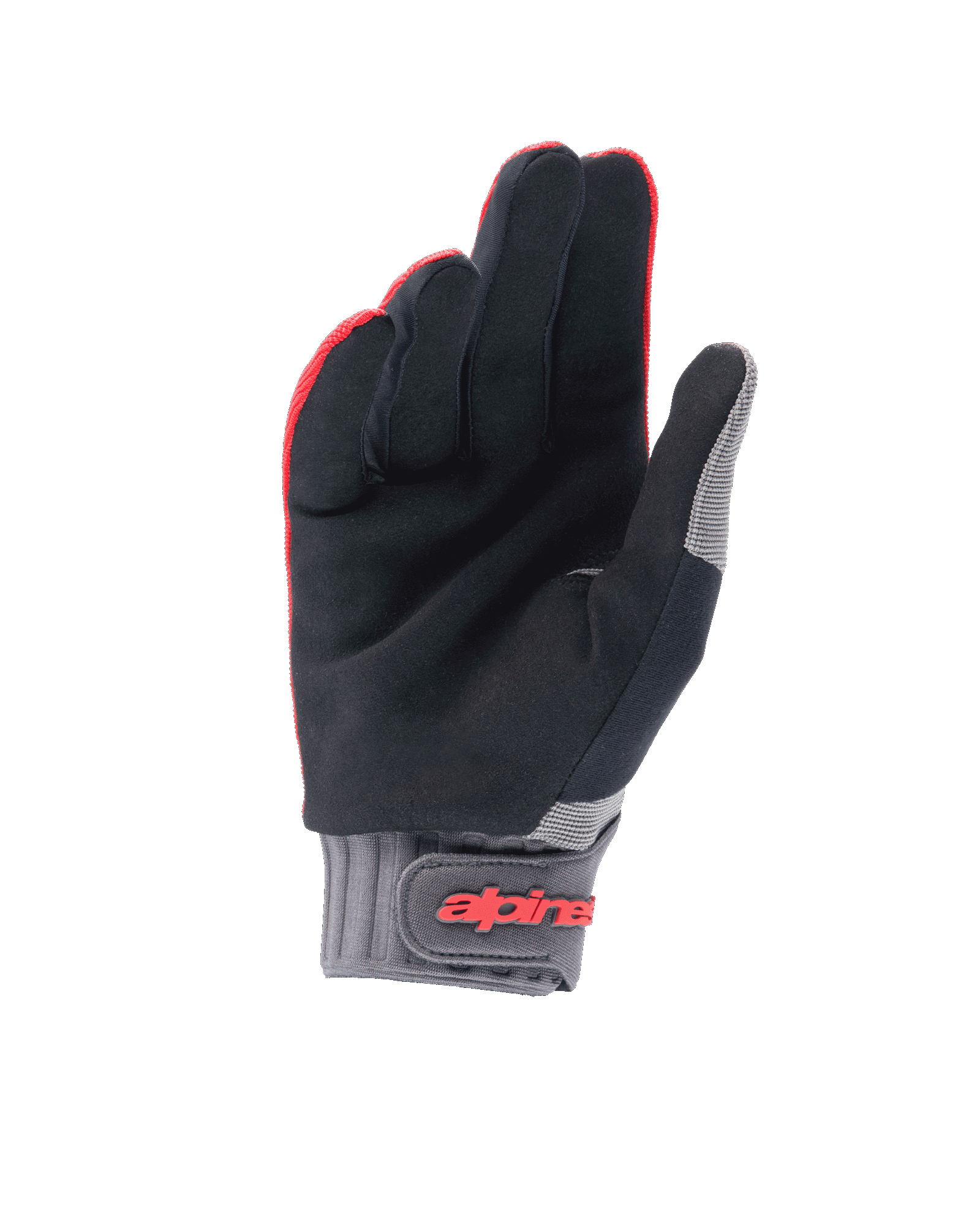 Guanti Alpinestars A-Dura, guanti da mountain bike, rosso fluo e nero, vista del palmo in camoscio sintetico per la presa, polsino in neoprene grigio con chiusura a strappo e logo rosso, attrezzatura per ciclismo fuoristrada