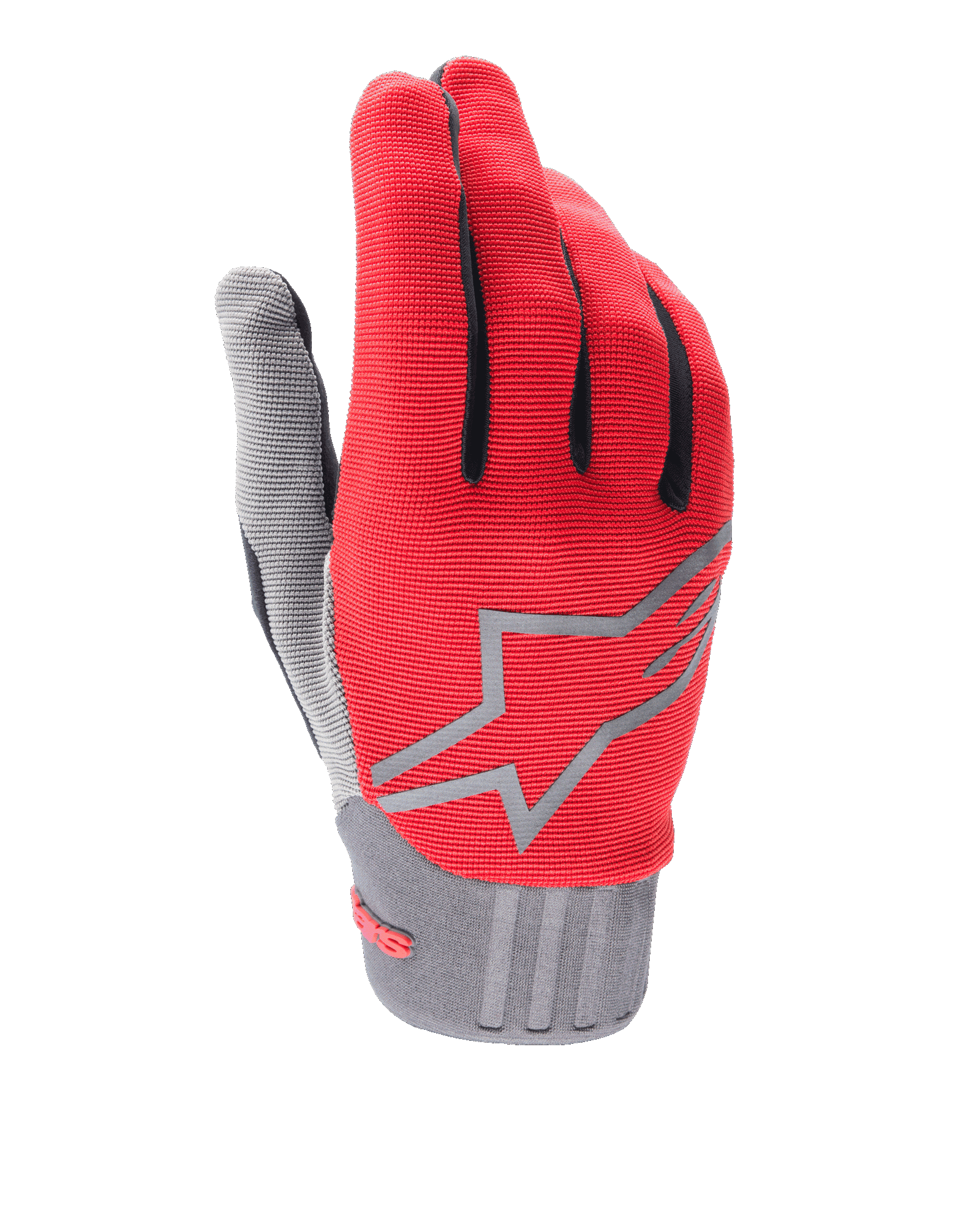 Guanti Alpinestars A-Dura, guanti da mountain bike, rosso fluo e grigio, con un grande logo a stella grigio sul dorso, dettagli neri sulle dita, polsino a coste e tessuto elasticizzato per la guida MTB
