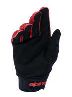 Guanti Alpinestars A-Dura, guanti da mountain bike, arancione scuro e nero, vista del palmo in camoscio sintetico nero per il grip, ampio polsino in neoprene con logo rosso sulla chiusura a strappo del polso, progettati per resistenza e sensibilità MTB