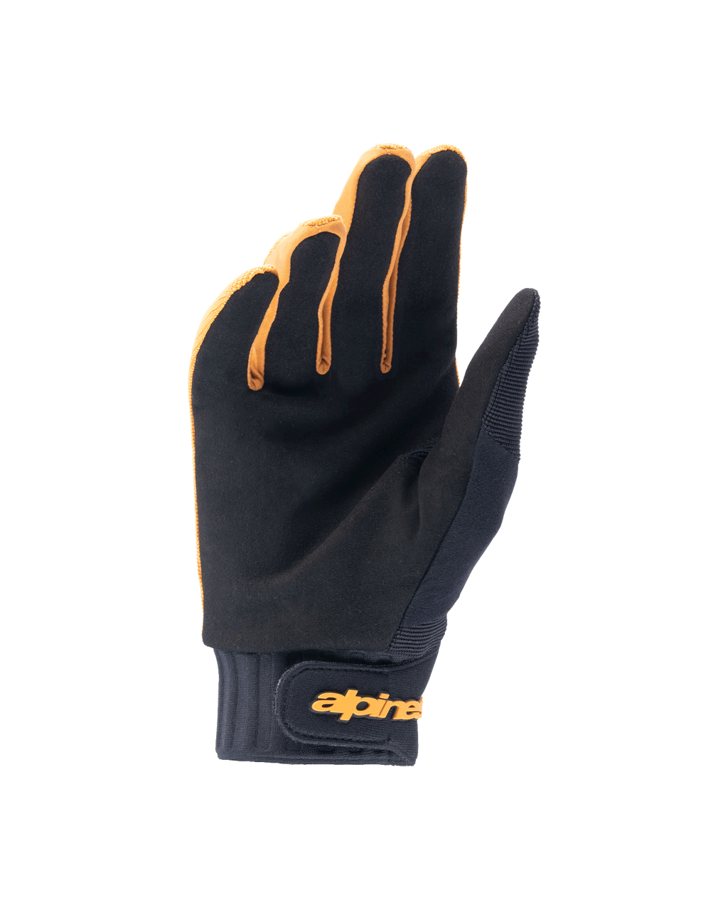 Guanti Alpinestars A-Dura, guanti da mountain bike, oro scuro e nero, vista del palmo in camoscio sintetico, polsino in neoprene con chiusura a strappo color oro, progettati per grip e mobilità in bicicletta.