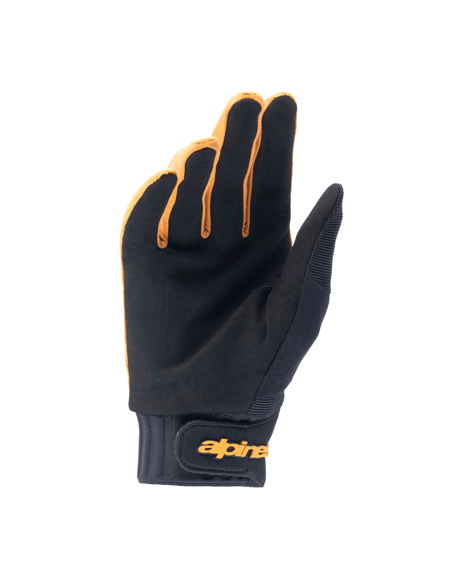 Guanti Alpinestars A-Dura, guanti da mountain bike, oro scuro e nero, vista del palmo in camoscio sintetico, polsino in neoprene con chiusura a strappo color oro, progettati per grip e mobilità in bicicletta.
