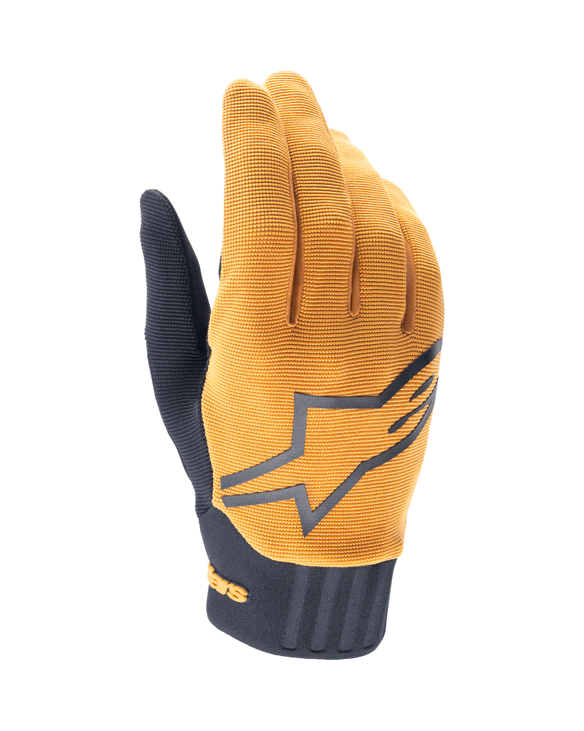 Guanti Alpinestars A-Dura, guanti da mountain bike MTB, oro scuro e nero, parte superiore in tessuto dorato testurizzato con grande logo Alpinestars grigio, polsino in neoprene nero, progettati per grip e mobilità nel ciclismo fuoristrada
