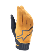 Guanti Alpinestars A-Dura, guanti da mountain bike MTB, oro scuro e nero, parte superiore in tessuto dorato testurizzato con grande logo Alpinestars grigio, polsino in neoprene nero, progettati per grip e mobilità nel ciclismo fuoristrada
