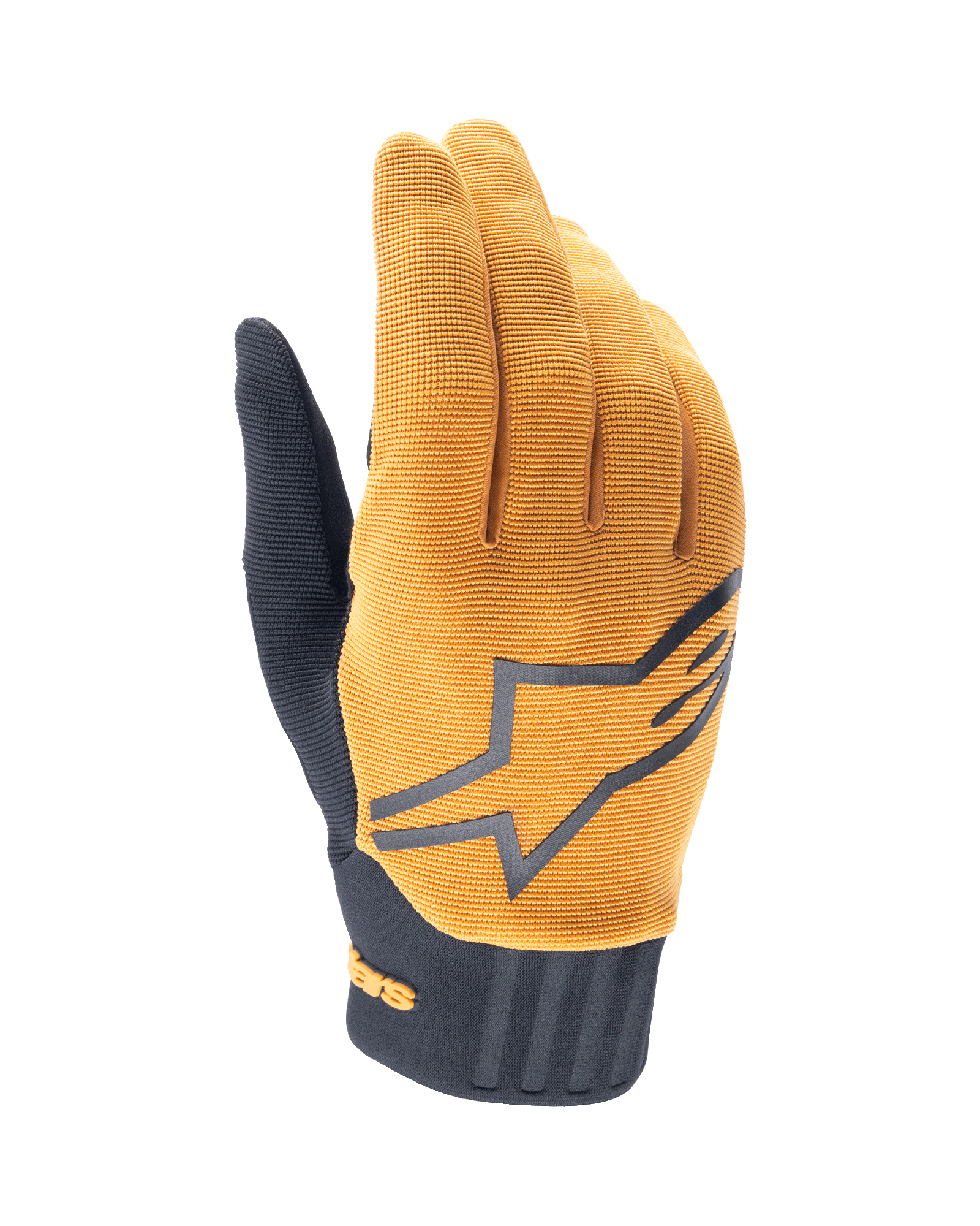 Guanti Alpinestars A-Dura, guanti da mountain bike MTB, oro scuro e nero, parte superiore in tessuto dorato testurizzato con grande logo Alpinestars grigio, polsino in neoprene nero, progettati per grip e mobilità nel ciclismo fuoristrada