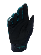 Guanti Alpinestars A-Dura, guanti da ciclismo MTB, verde camo e nero, vista del palmo in camoscio sintetico nero, polsino in neoprene con chiusura a strappo regolabile, branding Alpinestars verde acqua, equipaggiamento professionale per fuoristrada