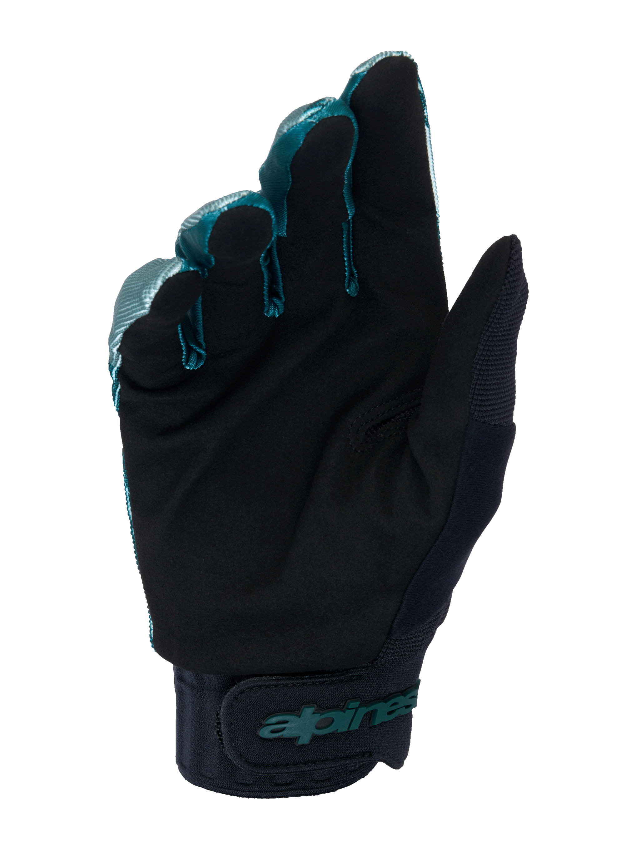 Guanti Alpinestars A-Dura, guanti da ciclismo MTB, verde camo e nero, vista del palmo in camoscio sintetico nero, polsino in neoprene con chiusura a strappo regolabile, branding Alpinestars verde acqua, equipaggiamento professionale per fuoristrada