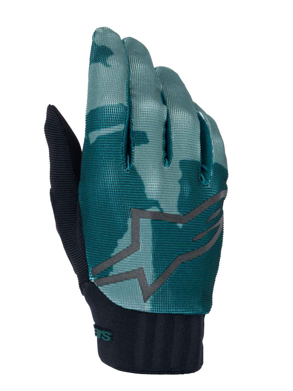 Guanti Alpinestars A-Dura, guanti da mountain bike MTB, Green Camo, motivo mimetico verde acqua e verde scuro con un grande logo a stella grigio, polsino in neoprene a costine nero, abbigliamento tecnico per ciclismo fuoristrada