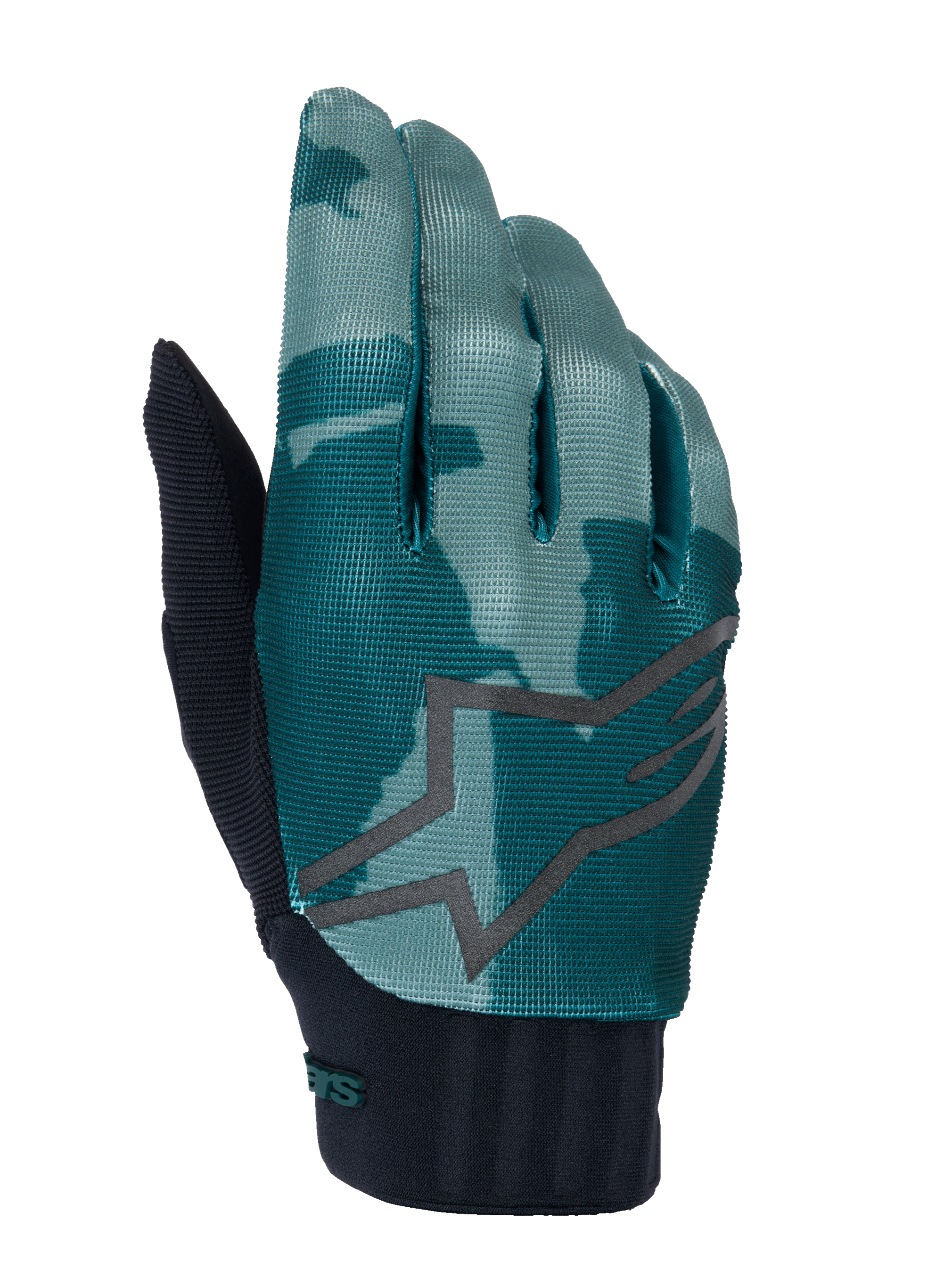 Guanti Alpinestars A-Dura, guanti da mountain bike MTB, Green Camo, motivo mimetico verde acqua e verde scuro con un grande logo a stella grigio, polsino in neoprene a costine nero, abbigliamento tecnico per ciclismo fuoristrada