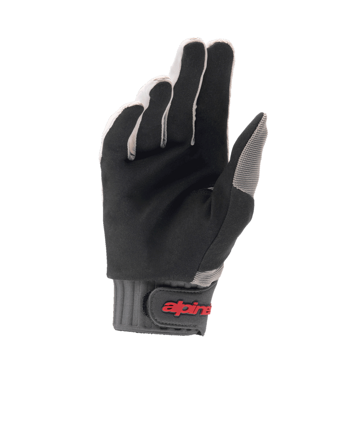 Guanti Alpinestars A-Dura, guanti da ciclismo MTB, grigio chiaro e nero, vista del palmo con resistente camoscio sintetico, polsino a costine grigio con chiusura a strappo e logo rosso, progettati per grip e comfort in mountain bike