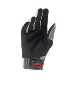 Guanti Alpinestars A-Dura, guanti da ciclismo MTB, grigio chiaro e nero, vista del palmo con resistente camoscio sintetico, polsino a costine grigio con chiusura a strappo e logo rosso, progettati per grip e comfort in mountain bike