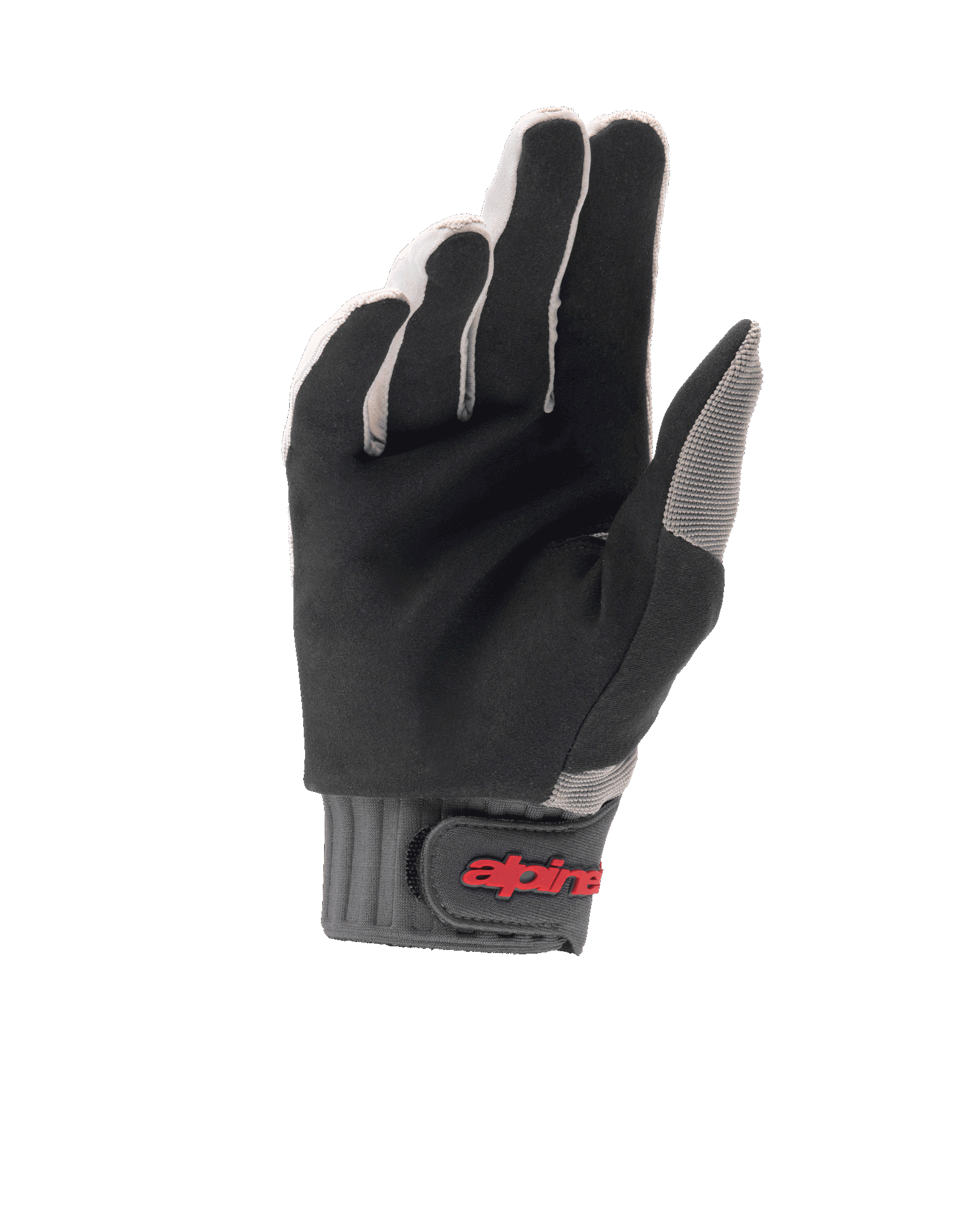 Guanti Alpinestars A-Dura, guanti da ciclismo MTB, grigio chiaro e nero, vista del palmo con resistente camoscio sintetico, polsino a costine grigio con chiusura a strappo e logo rosso, progettati per grip e comfort in mountain bike