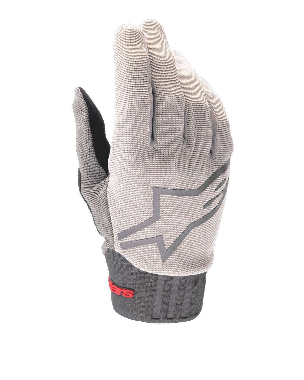 Guanti Alpinestars A-Dura, guanti da mountain bike, grigio chiaro e antracite, con un grande logo a stella sul dorso, marchio Alpinestars rosso sul polsino in neoprene, parte superiore in tessuto elasticizzato testurizzato e design ergonomico per il ciclismo fuoristrada