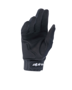 Guanti Alpinestars A-Dura Gel, guanti da mountain bike neri, vista del palmo con struttura in camoscio sintetico e imbottitura in gel, polsino in neoprene con chiusura a strappo e logo Alpinestars bianco, equipaggiamento ergonomico da ciclismo per trail ed enduro