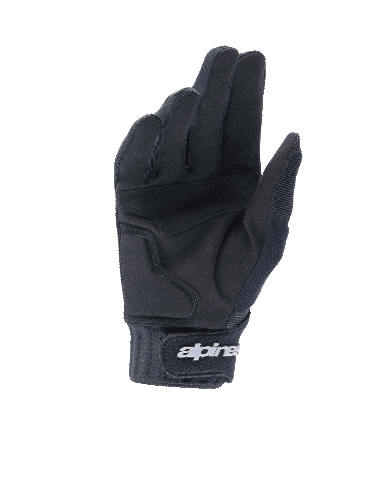 Guanti Alpinestars A-Dura Gel, guanti da mountain bike neri, vista del palmo con struttura in camoscio sintetico e imbottitura in gel, polsino in neoprene con chiusura a strappo e logo Alpinestars bianco, equipaggiamento ergonomico da ciclismo per trail ed enduro