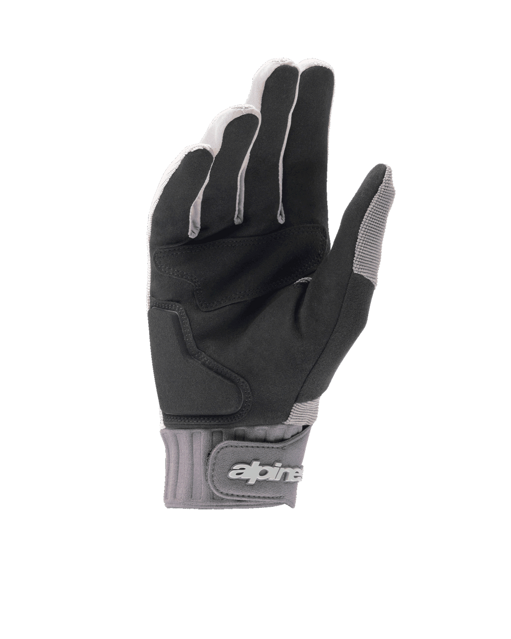 Guanti Alpinestars A-Dura Gel, guanti da mountain bike grigio chiaro e nero, vista del palmo in camoscio sintetico con imbottitura in gel, polsino in neoprene con chiusura a strappo e logo, attrezzatura ergonomica da ciclismo