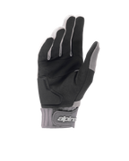 Guanti Alpinestars A-Dura Gel, guanti da mountain bike grigio chiaro e nero, vista del palmo in camoscio sintetico con imbottitura in gel, polsino in neoprene con chiusura a strappo e logo, attrezzatura ergonomica da ciclismo