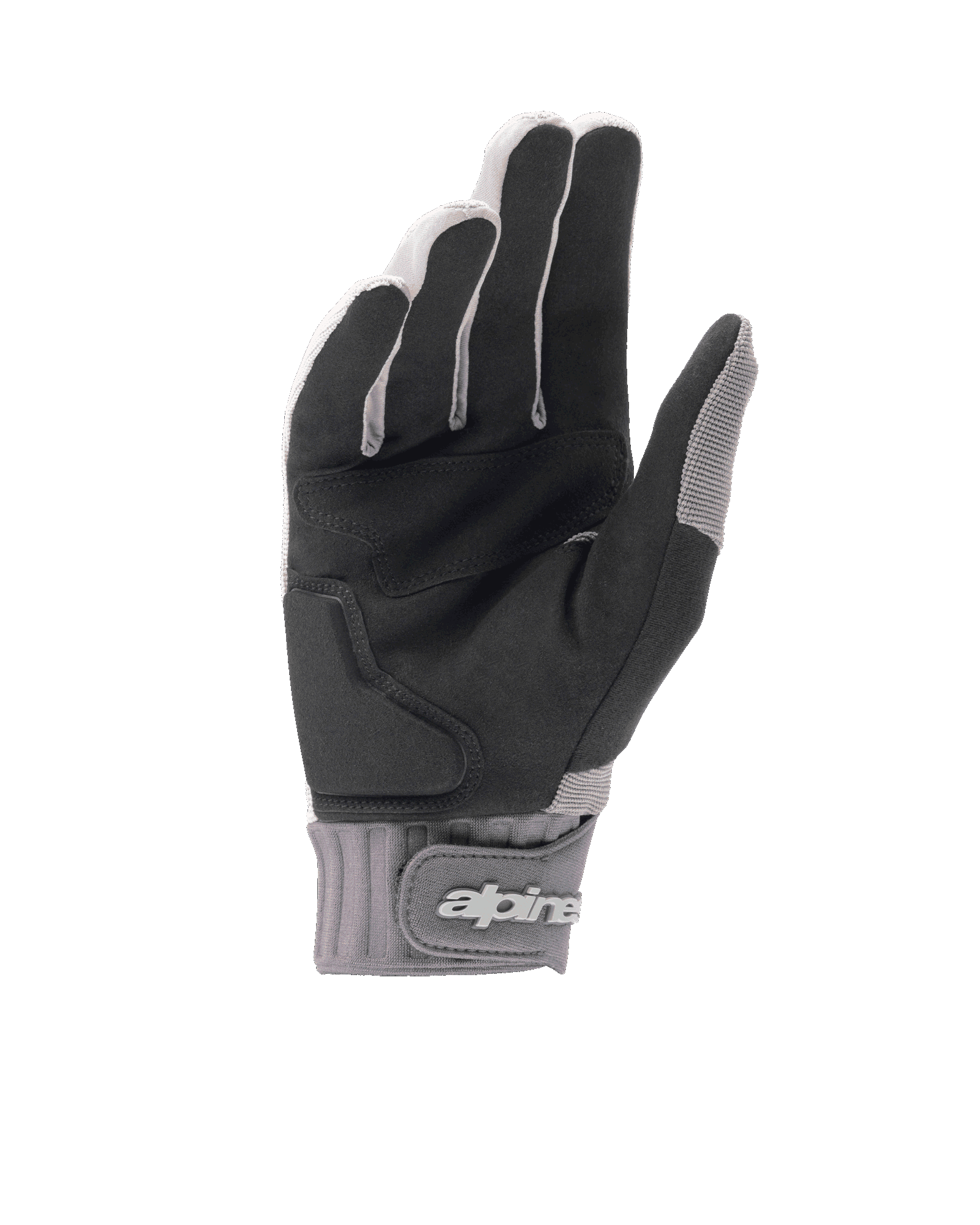 Guanti Alpinestars A-Dura Gel, guanti da mountain bike grigio chiaro e nero, vista del palmo in camoscio sintetico con imbottitura in gel, polsino in neoprene con chiusura a strappo e logo, attrezzatura ergonomica da ciclismo