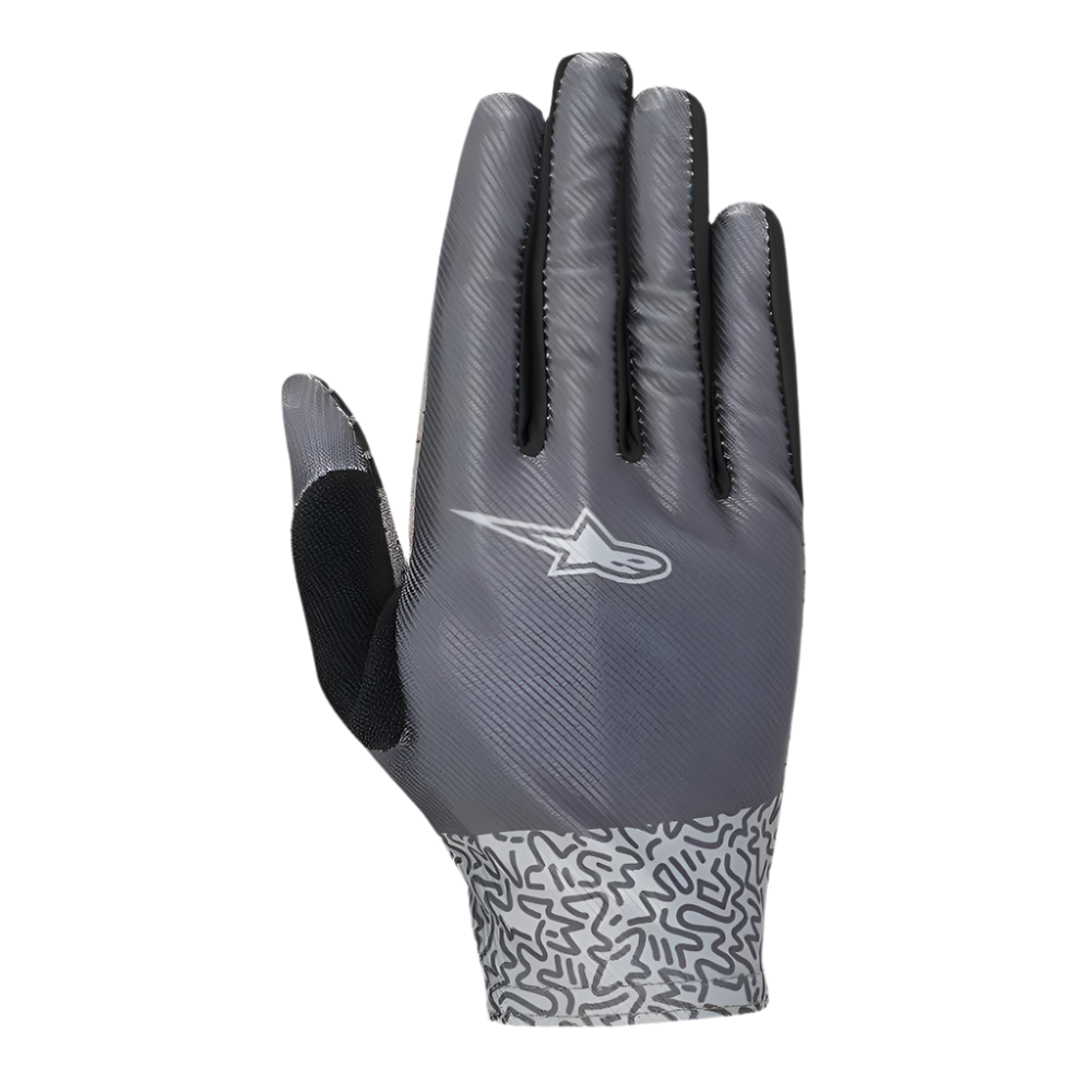 Guanti Alpinestars Stella Alderex Pro da donna, guanti da ciclismo grigio antracite, vista posteriore con logo Alpinestars bianco, parte superiore in mesh con trama diagonale e polsino con motivo grafico