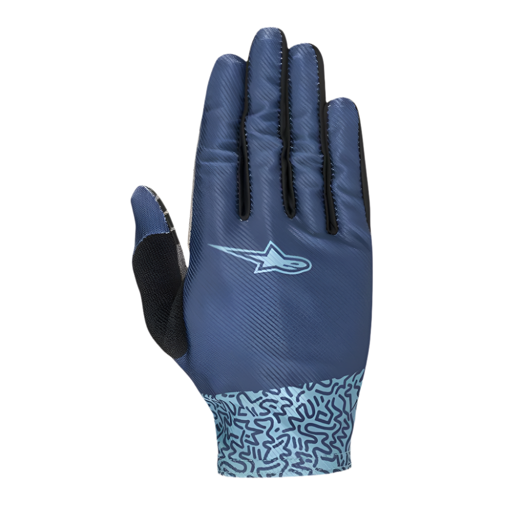 Alpinestars Guanti Stella Alderex Pro da donna, Mid Blue, guanti da ciclismo MTB e off-road, vista dall'alto con rete elastica traspirante, logo azzurro chiaro, motivo astratto sul polsino e inserto in spugna nera sul pollice