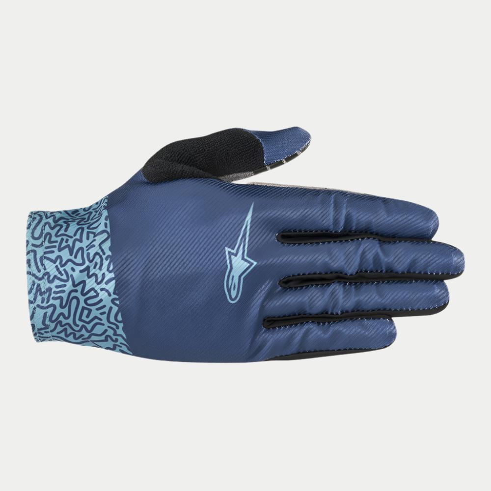 Guanti Alpinestars Stella Alderex Pro, guanti da MTB da donna, blu, con dorso testurizzato blu scuro e logo a stella azzurro, polsino azzurro a fantasia e patch nera sul pollice, progettati per il ciclismo fuoristrada