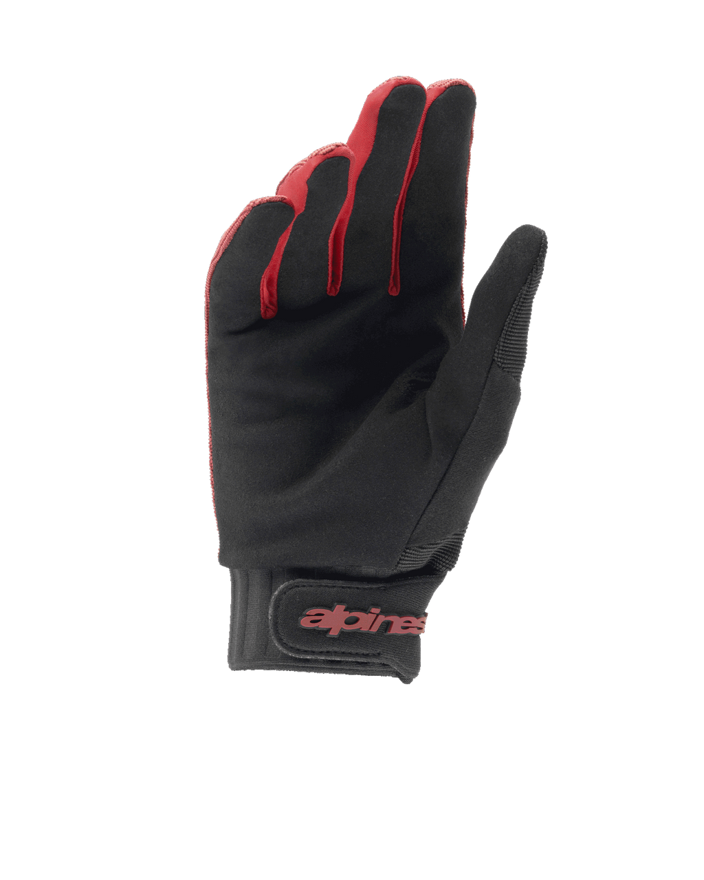 Guanti da donna Alpinestars Stella A-Dura, guanti da mountain bike, bordeaux e nero, vista del palmo che mostra il grip in camoscio sintetico, polsino in neoprene con chiusura a strappo, logo Alpinestars rosso
