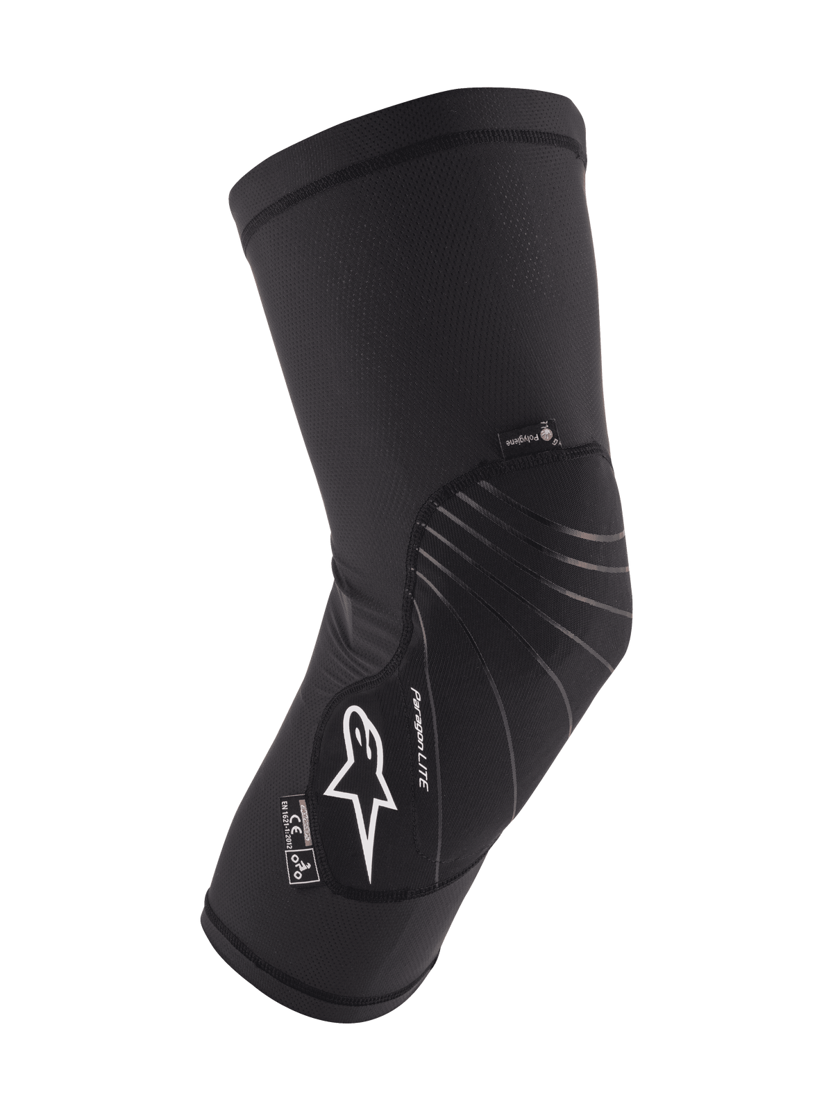 Ginocchiera Alpinestars Youth Paragon Lite, nera, protezione MTB per mountain bike, manica in rete traspirante con pannello frontale testurizzato, logo Astar bianco, design slip-on leggero e flessibile