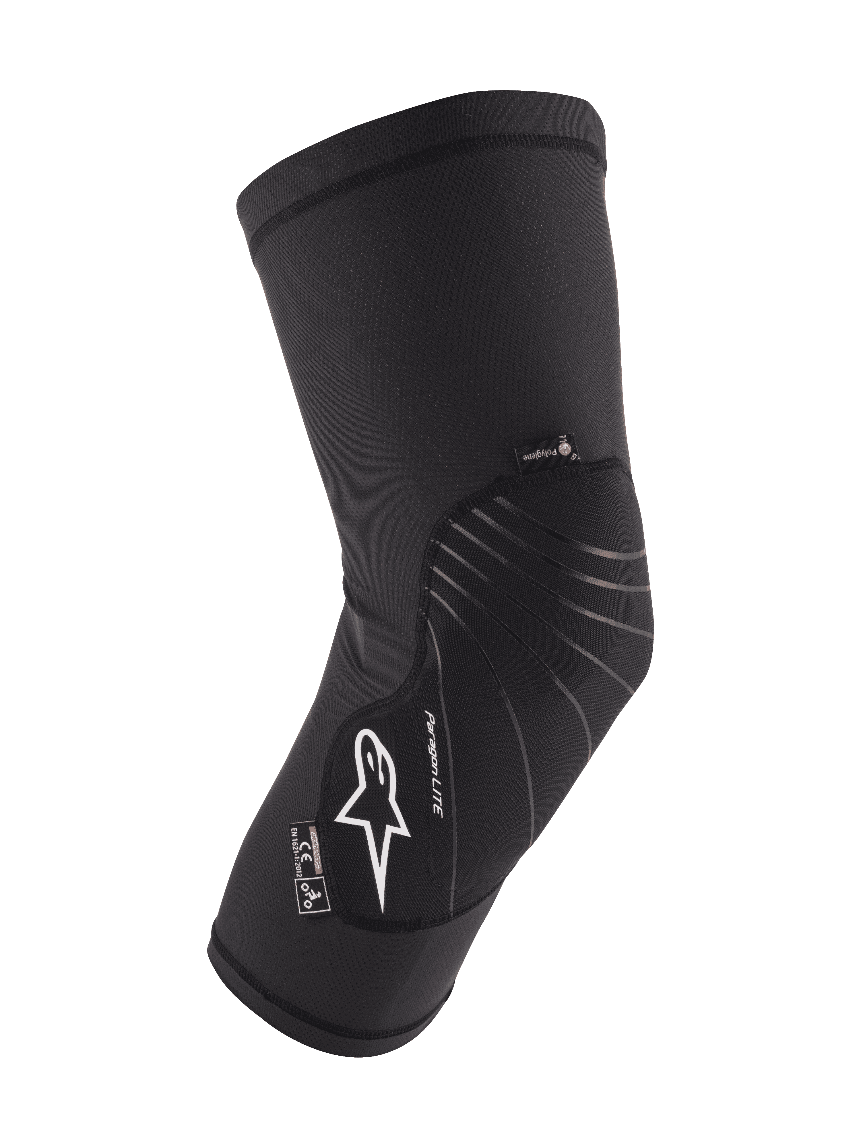 Ginocchiera Alpinestars Youth Paragon Lite, nera, protezione MTB per mountain bike, manica in rete traspirante con pannello frontale testurizzato, logo Astar bianco, design slip-on leggero e flessibile