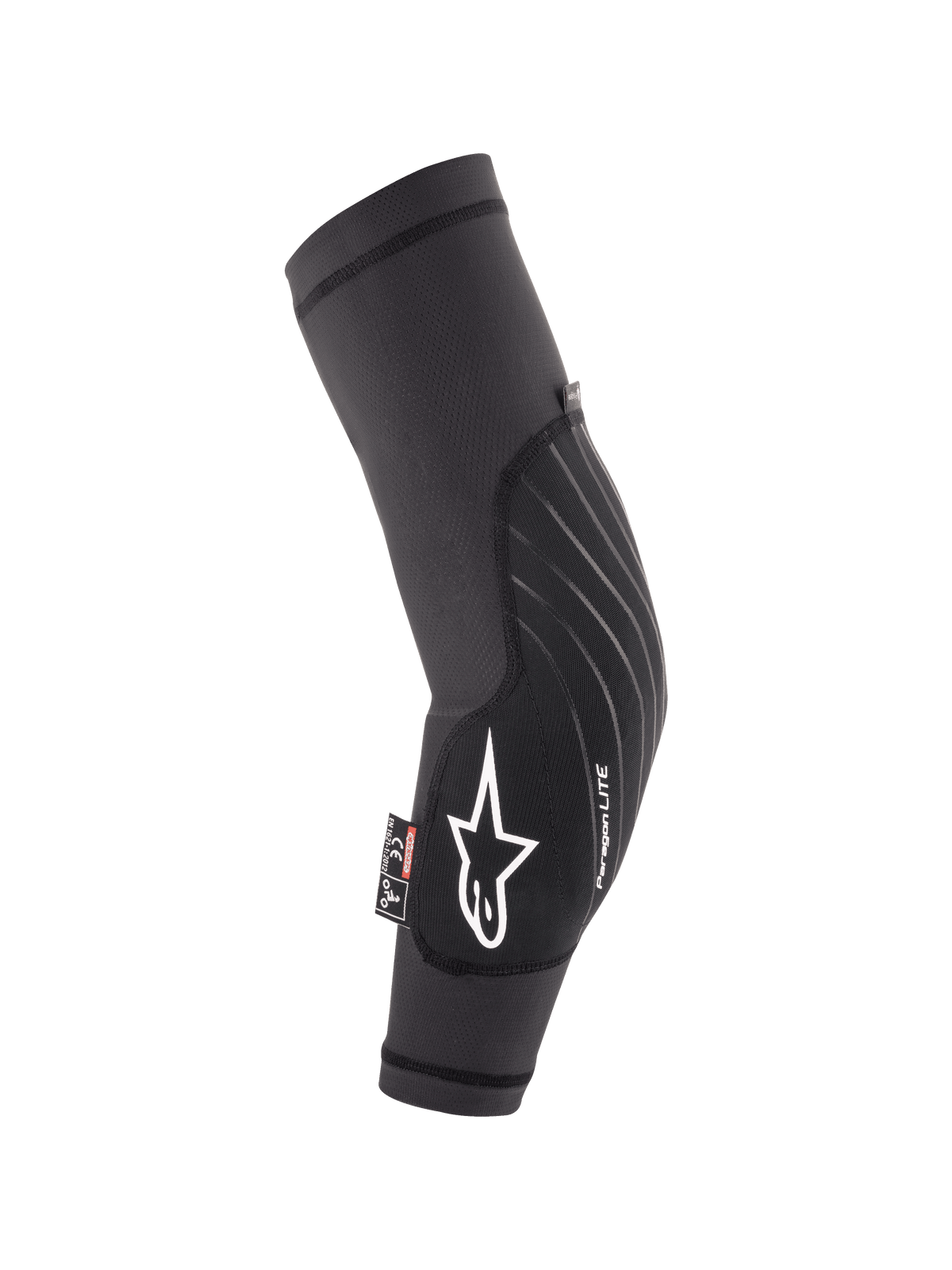 Alpinestars Youth Paragon Lite, gomitiere protettive per ragazzi, nero, protezione leggera per mountain bike, manica in rete traspirante con logo a stella bianco e marchio Paragon LITE, design ergonomico curvo con pannello frontale resistente