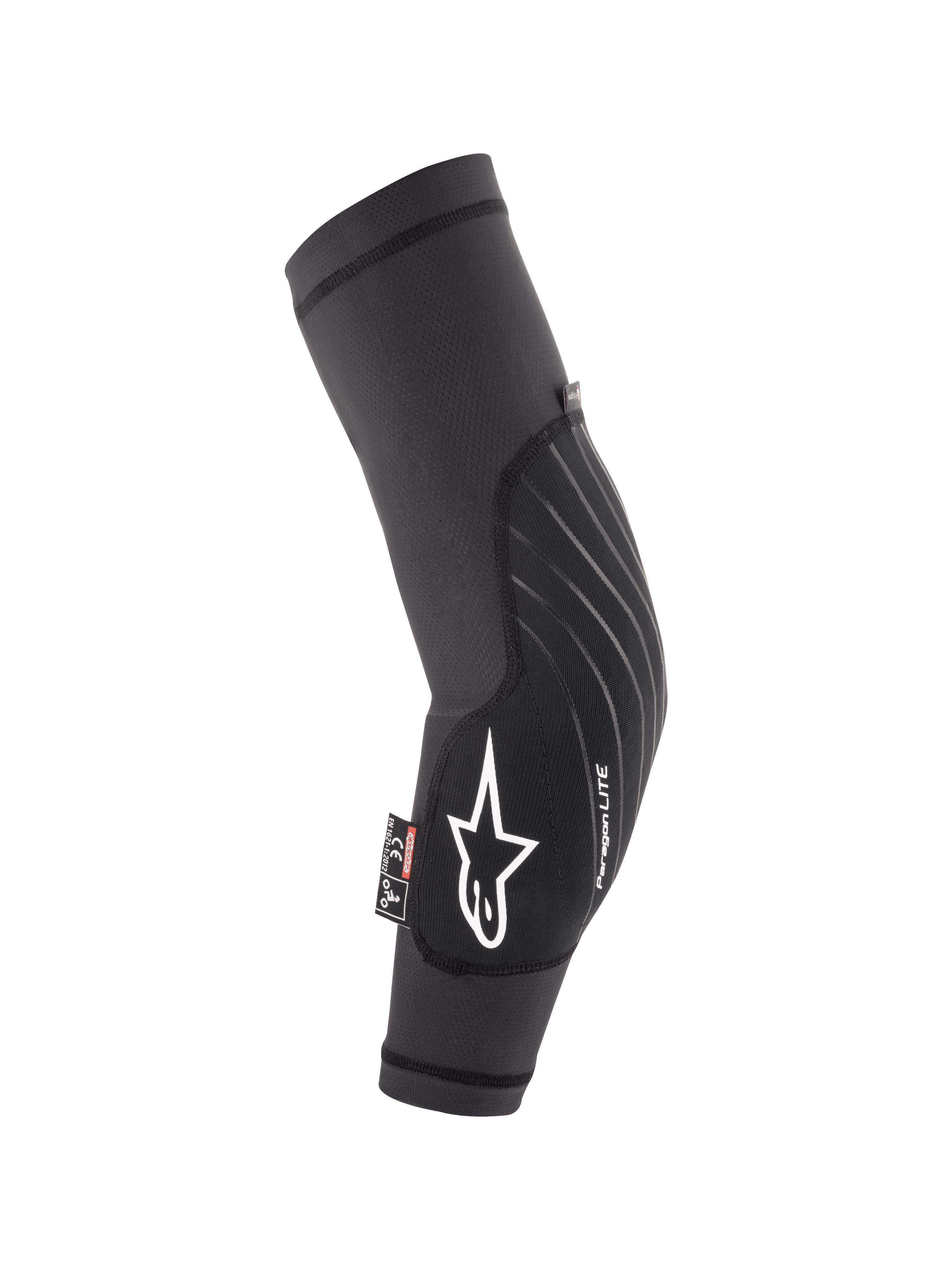 Alpinestars Youth Paragon Lite, gomitiere protettive per ragazzi, nero, protezione leggera per mountain bike, manica in rete traspirante con logo a stella bianco e marchio Paragon LITE, design ergonomico curvo con pannello frontale resistente