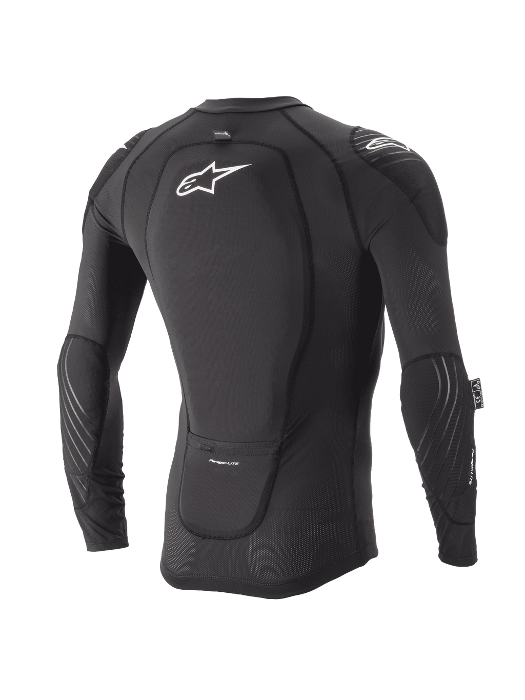 Alpinestars Giacca Protettiva Paragon Lite Ragazzo, a maniche lunghe, nero, vista posteriore con paraschiena integrato e logo bianco, maniche in rete traspirante con imbottitura sui gomiti, protezione corpo leggera per MTB