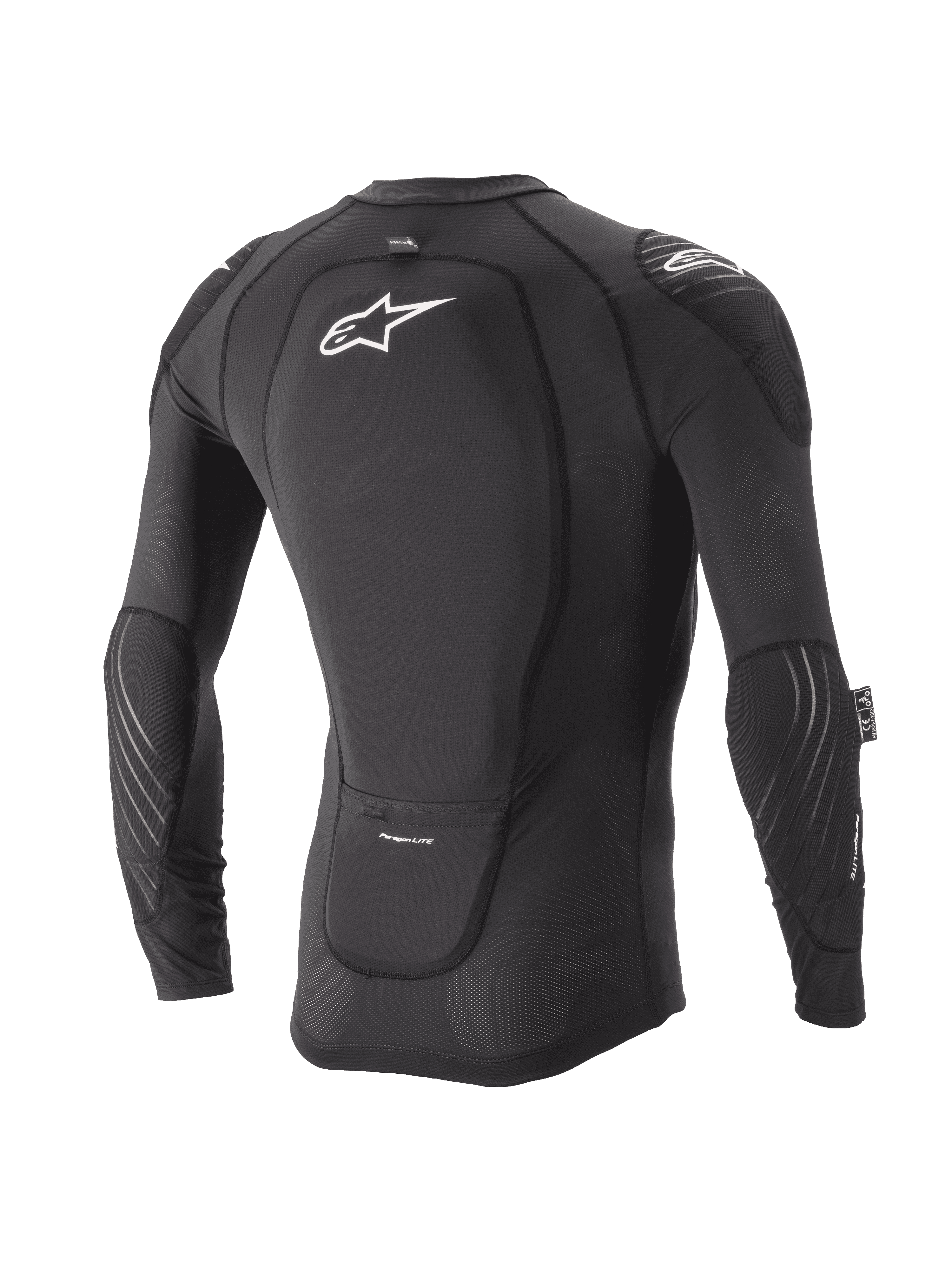 Alpinestars Giacca Protettiva Paragon Lite Ragazzo, a maniche lunghe, nero, vista posteriore con paraschiena integrato e logo bianco, maniche in rete traspirante con imbottitura sui gomiti, protezione corpo leggera per MTB