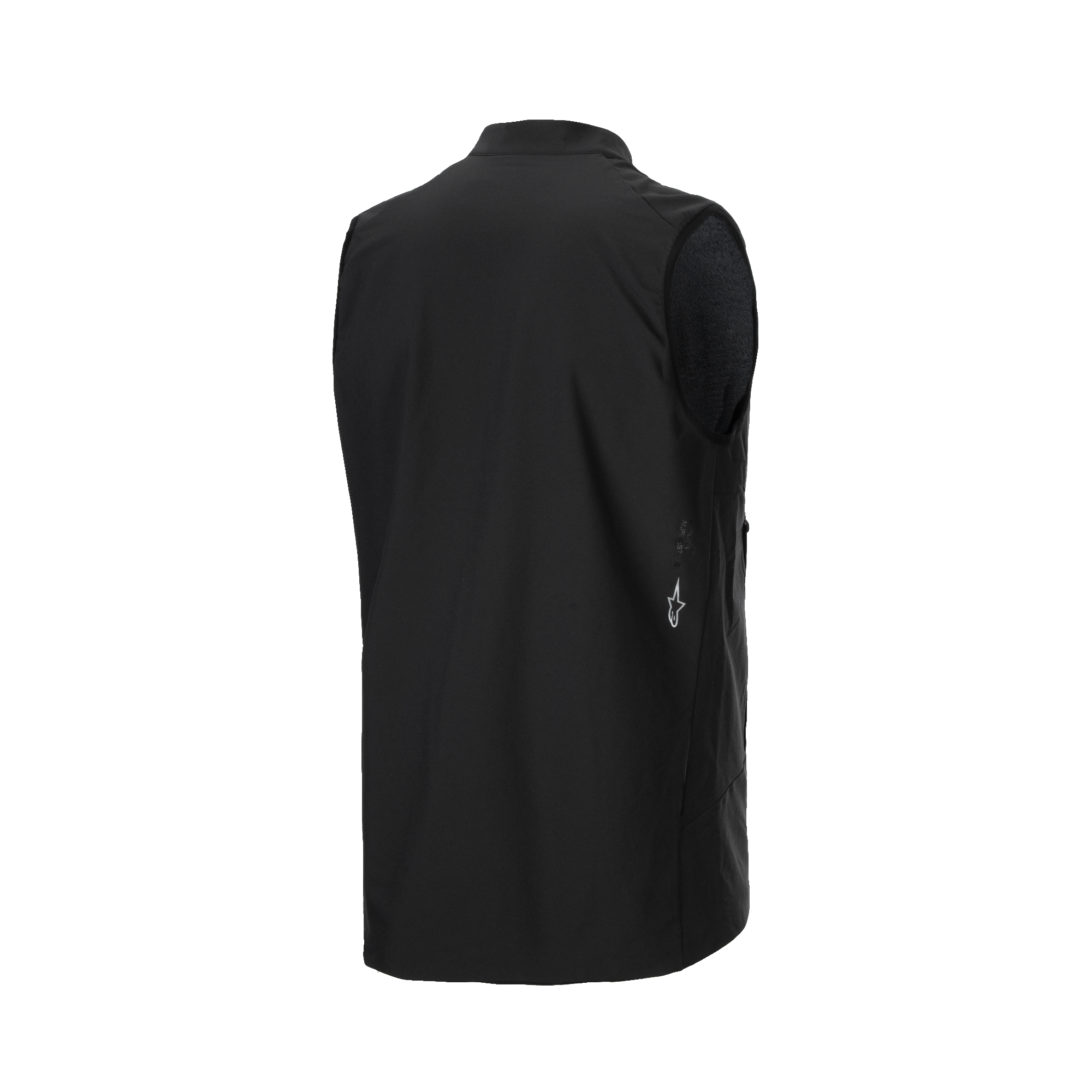 Gilet Termico Alpinestars A-Dura, gilet da ciclismo nero, vista posteriore di tre quarti con tessuto liscio e piccolo logo Alpinestars bianco sul lato inferiore, isolamento termico leggero per mountain bike