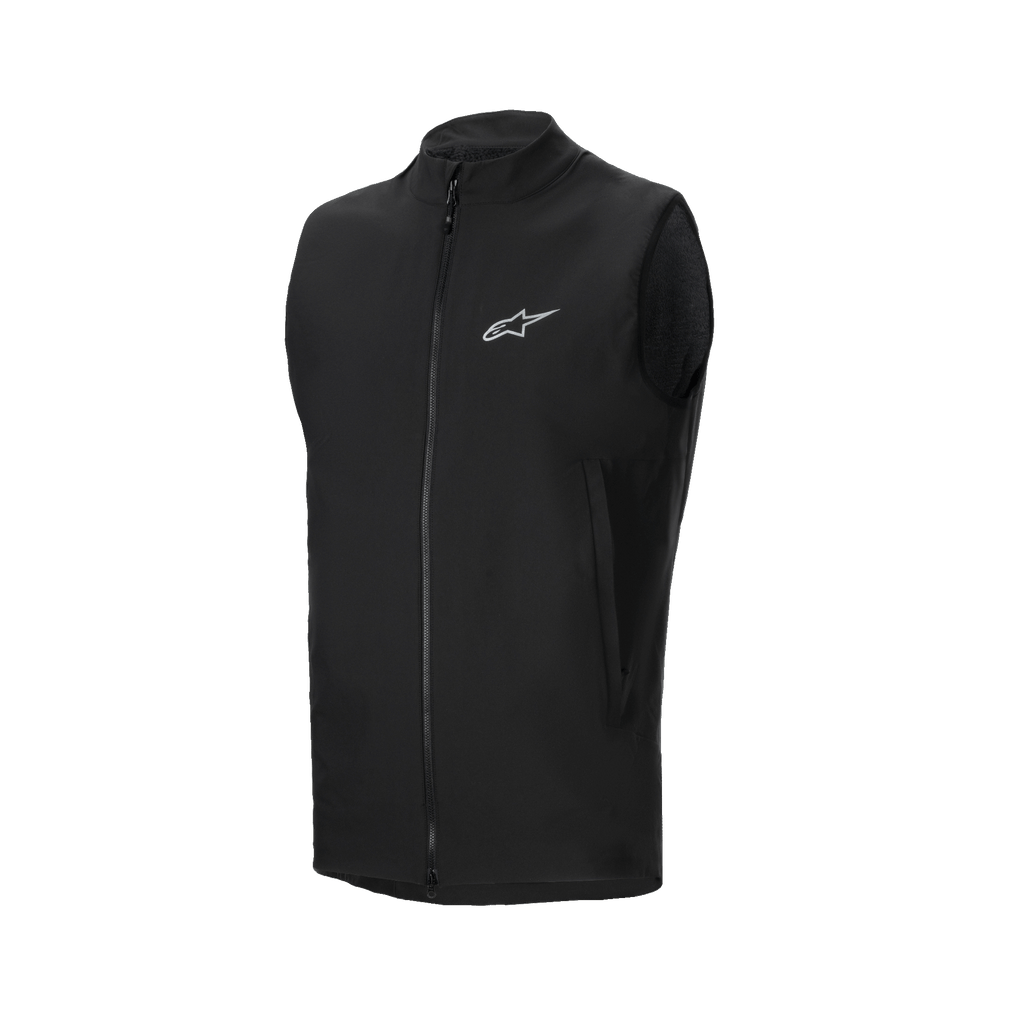 Gilet termico Alpinestars A-Dura, gilet da ciclismo nero, dotato di cerniera frontale completa e piccolo logo Alpinestars riflettente sul petto, tasche laterali con zip, design leggero isolante per mountain bike in climi freddi