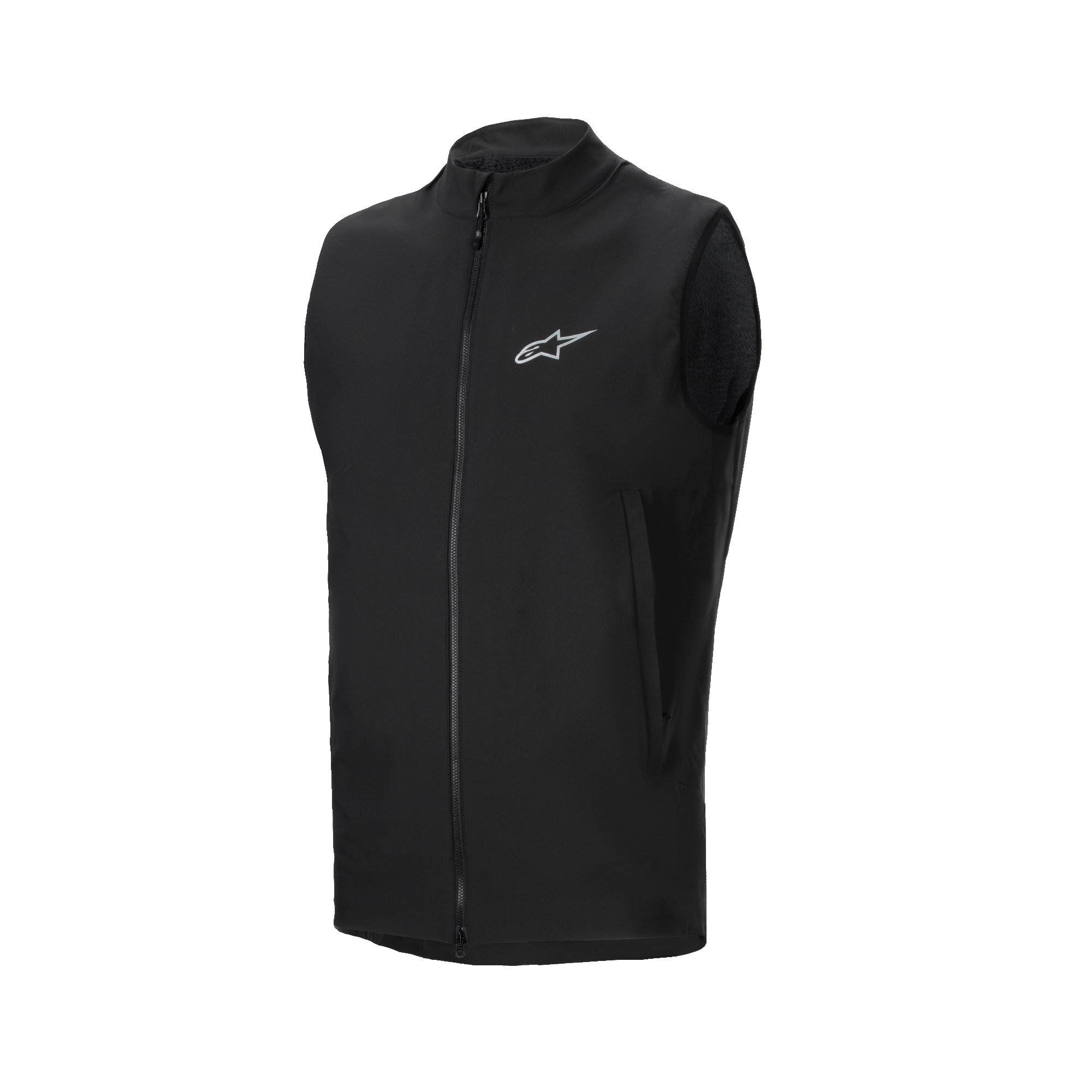 Gilet termico Alpinestars A-Dura, gilet da ciclismo nero, dotato di cerniera frontale completa e piccolo logo Alpinestars riflettente sul petto, tasche laterali con zip, design leggero isolante per mountain bike in climi freddi