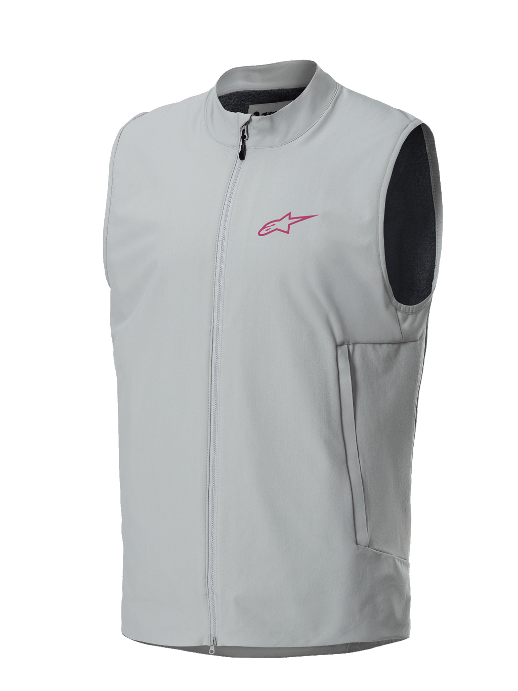 Alpinestars Gilet Termico A-Dura, grigio titanio, logo a stella Alpinestars magenta sul petto, chiusura frontale con zip integrale e tasche laterali verticali, gilet isolante leggero per mountain bike e trail riding