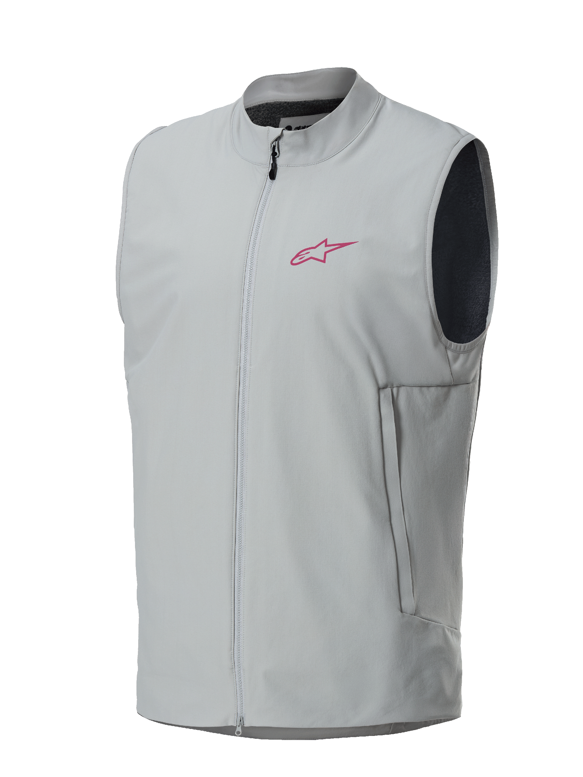 Alpinestars Gilet Termico A-Dura, grigio titanio, logo a stella Alpinestars magenta sul petto, chiusura frontale con zip integrale e tasche laterali verticali, gilet isolante leggero per mountain bike e trail riding