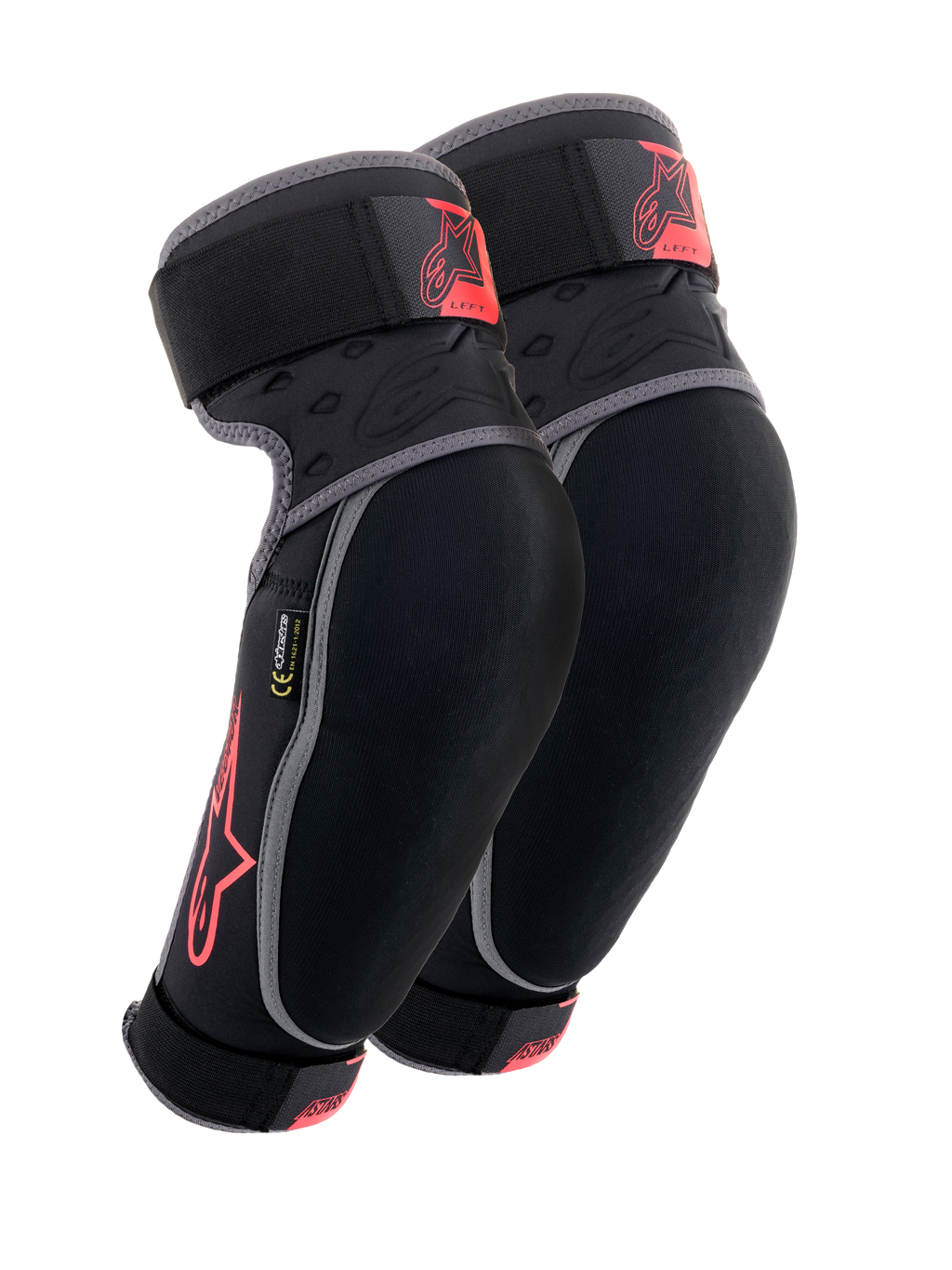 Alpinestars Vector Elbow Protectors, protezioni per gomiti da MTB, nero antracite e rosso, paio di protezioni con bordini grigi, logo a stella rosso e marchio Vector, cinghie regolabili e vestibilità ergonomica a compressione