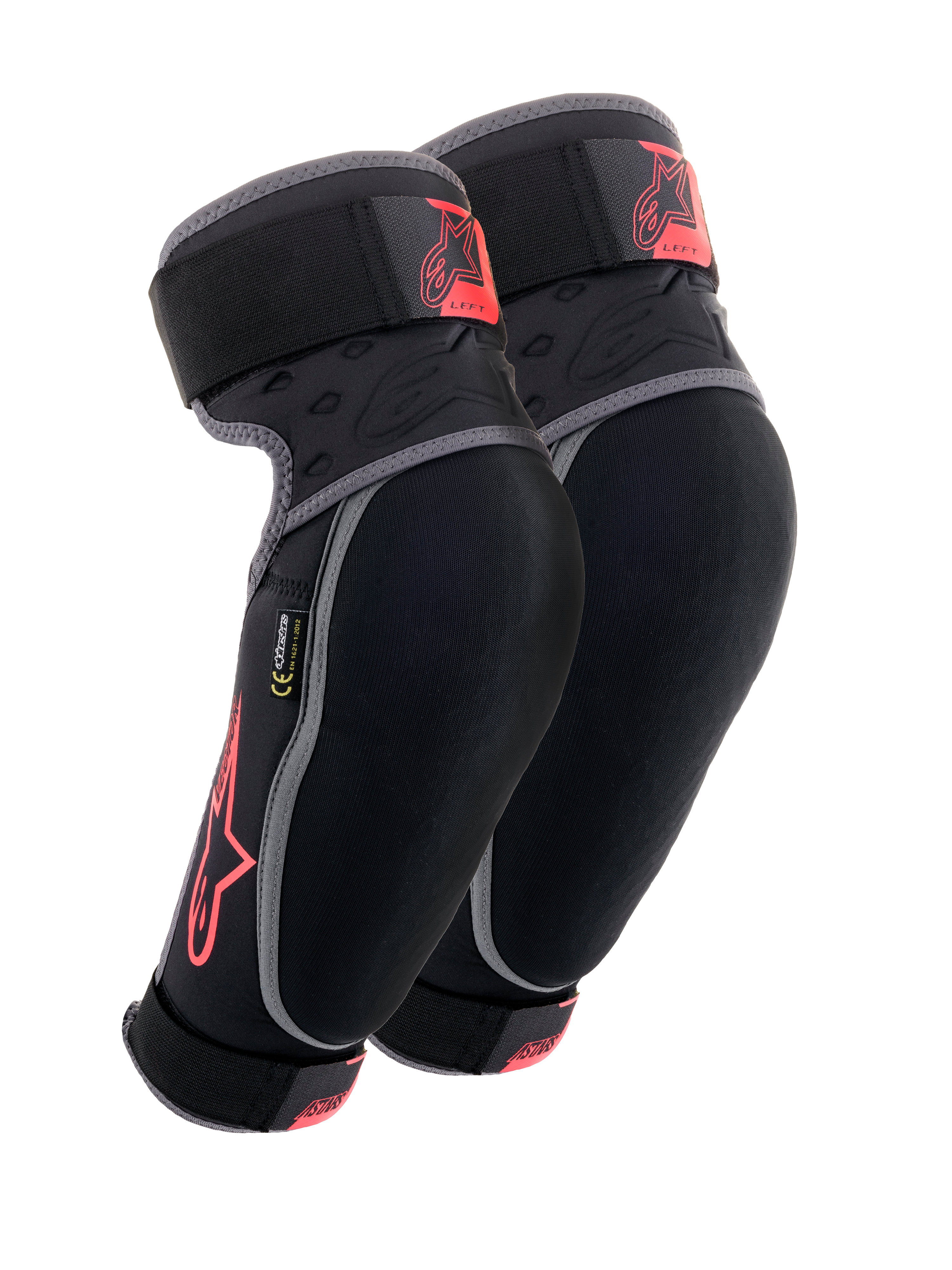Alpinestars Vector Elbow Protectors, protezioni per gomiti da MTB, nero antracite e rosso, paio di protezioni con bordini grigi, logo a stella rosso e marchio Vector, cinghie regolabili e vestibilità ergonomica a compressione