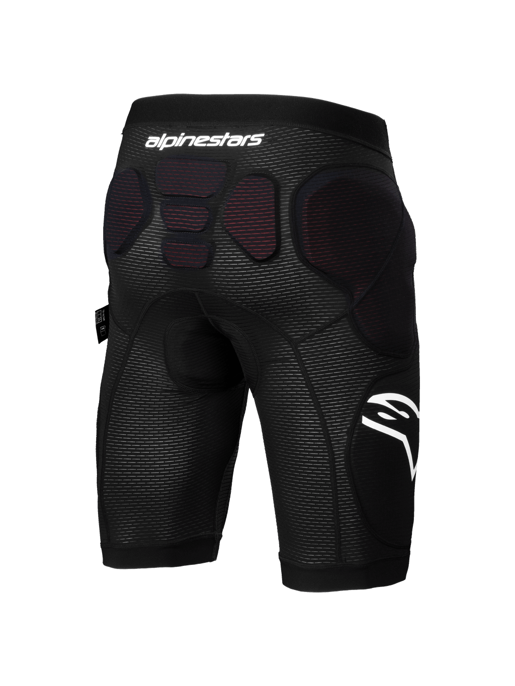 Alpinestars A-Impact Plasma Protection Shorts, pantaloncini protettivi per mountain bike, nero e bianco, vista posteriore con imbottitura protettiva integrata su fianchi e colonna vertebrale inferiore, tessuto a rete traspirante con logo Alpinestars bianco, progettati per enduro e gravity