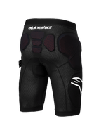 Alpinestars A-Impact Plasma Protection Shorts, pantaloncini protettivi per mountain bike, nero e bianco, vista posteriore con imbottitura protettiva integrata su fianchi e colonna vertebrale inferiore, tessuto a rete traspirante con logo Alpinestars bianco, progettati per enduro e gravity