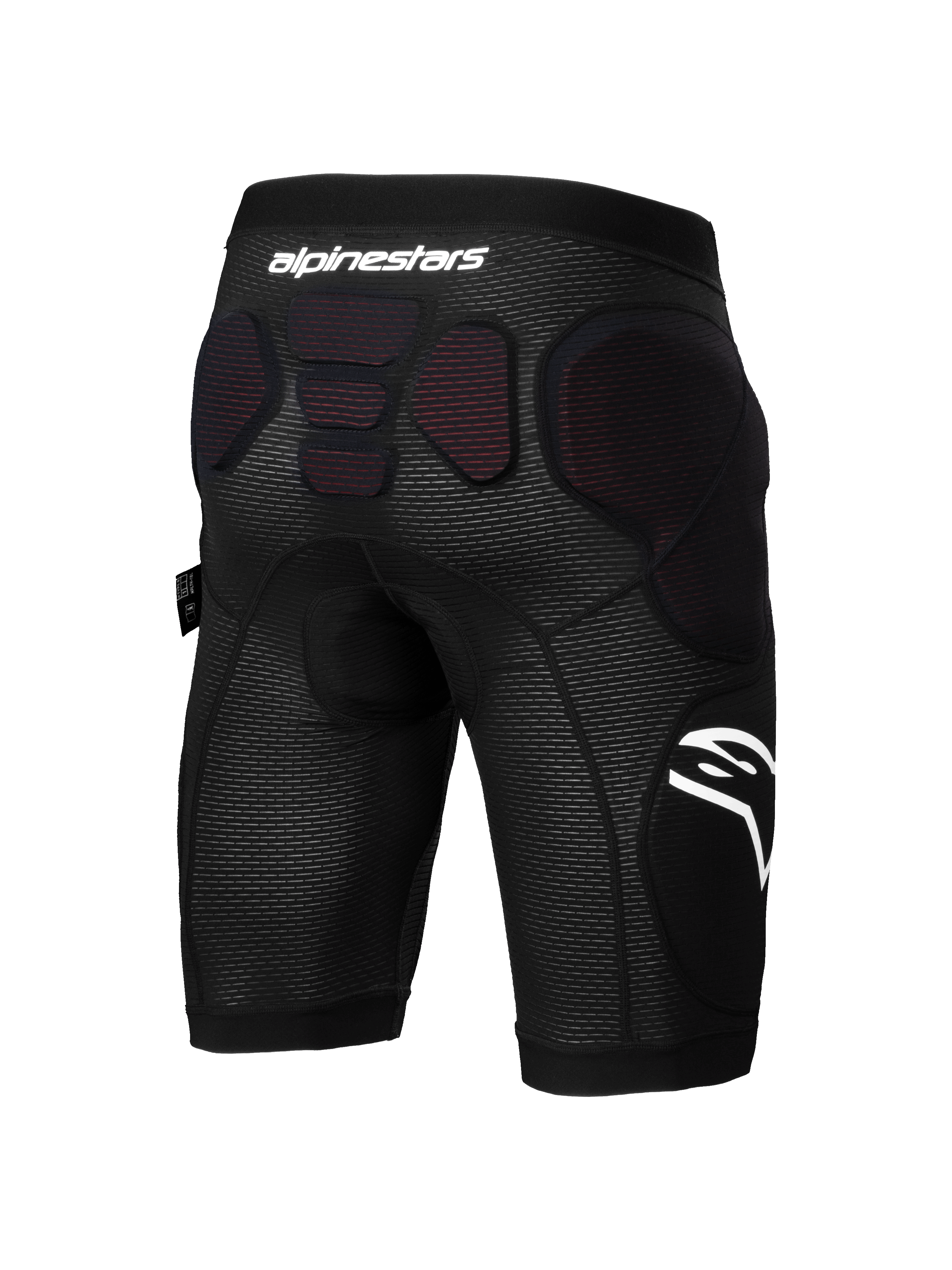 Alpinestars A-Impact Plasma Protection Shorts, pantaloncini protettivi per mountain bike, nero e bianco, vista posteriore con imbottitura protettiva integrata su fianchi e colonna vertebrale inferiore, tessuto a rete traspirante con logo Alpinestars bianco, progettati per enduro e gravity