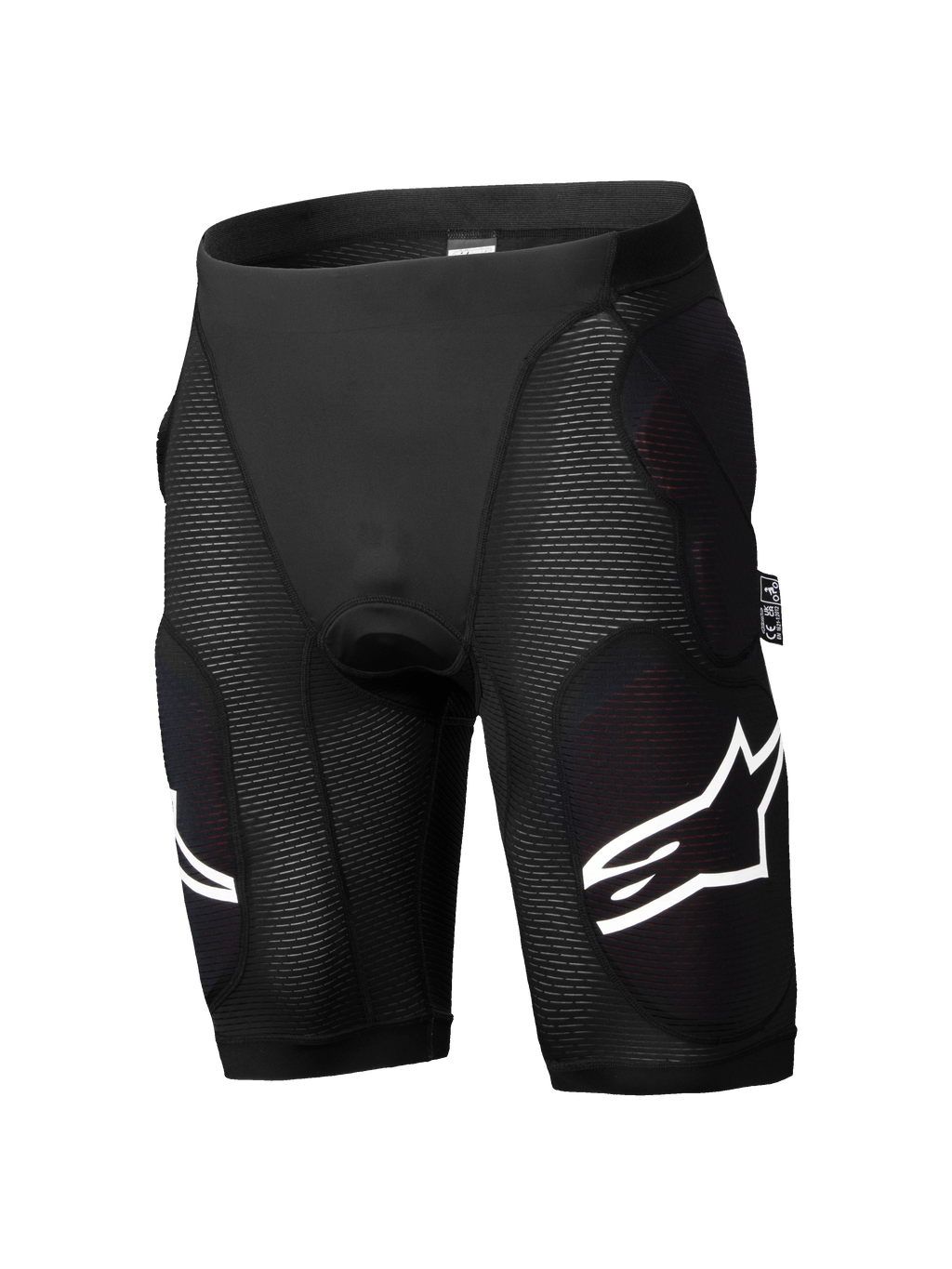 Alpinestars A-Impact Plasma Protection Shorts, pantaloncini protettivi da mountain bike, neri, imbottiture integrate per fianchi e cosce, pannelli a coste testurizzati, loghi bianchi, materiale elastico traspirante e aderente