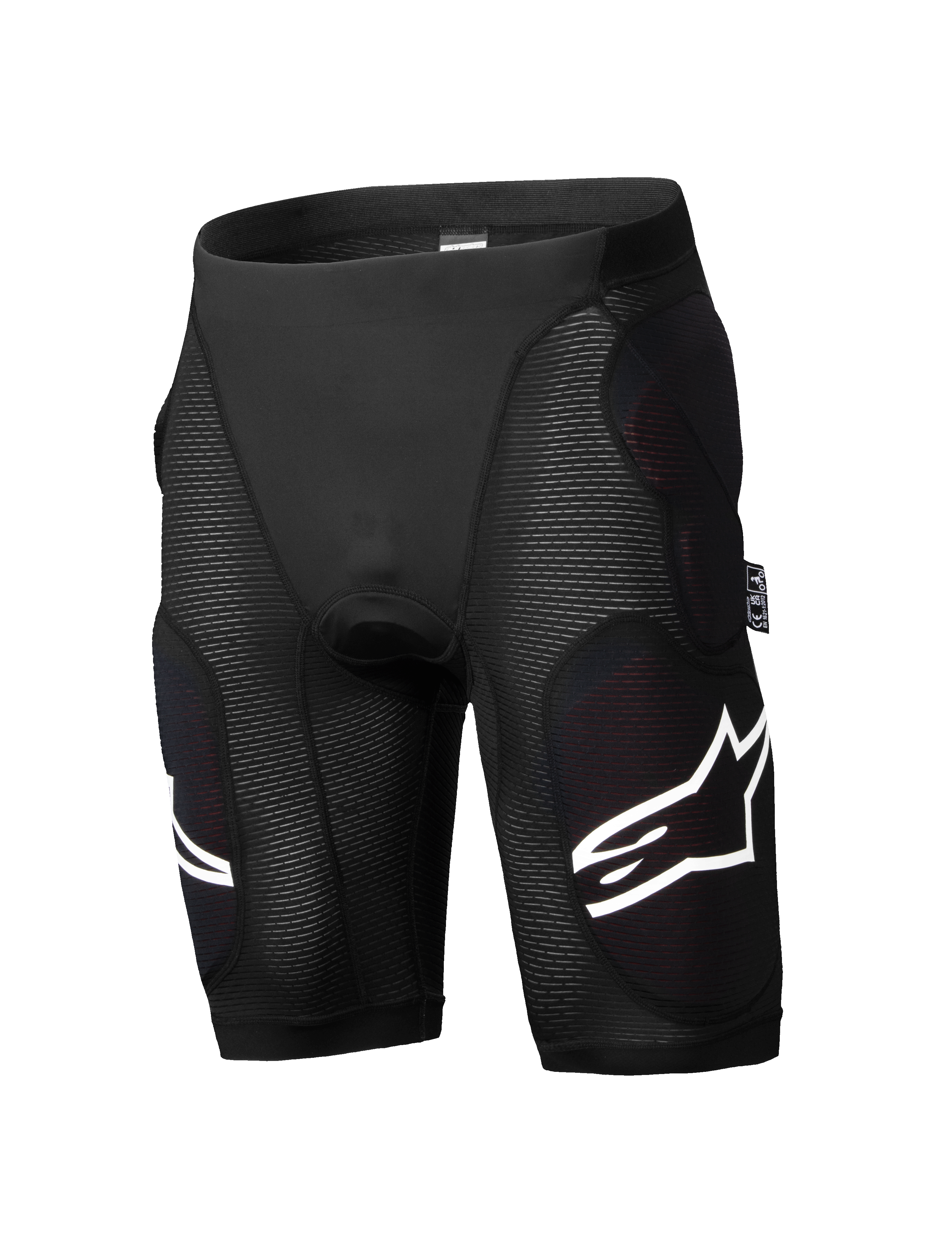 Alpinestars A-Impact Plasma Protection Shorts, pantaloncini protettivi da mountain bike, neri, imbottiture integrate per fianchi e cosce, pannelli a coste testurizzati, loghi bianchi, materiale elastico traspirante e aderente