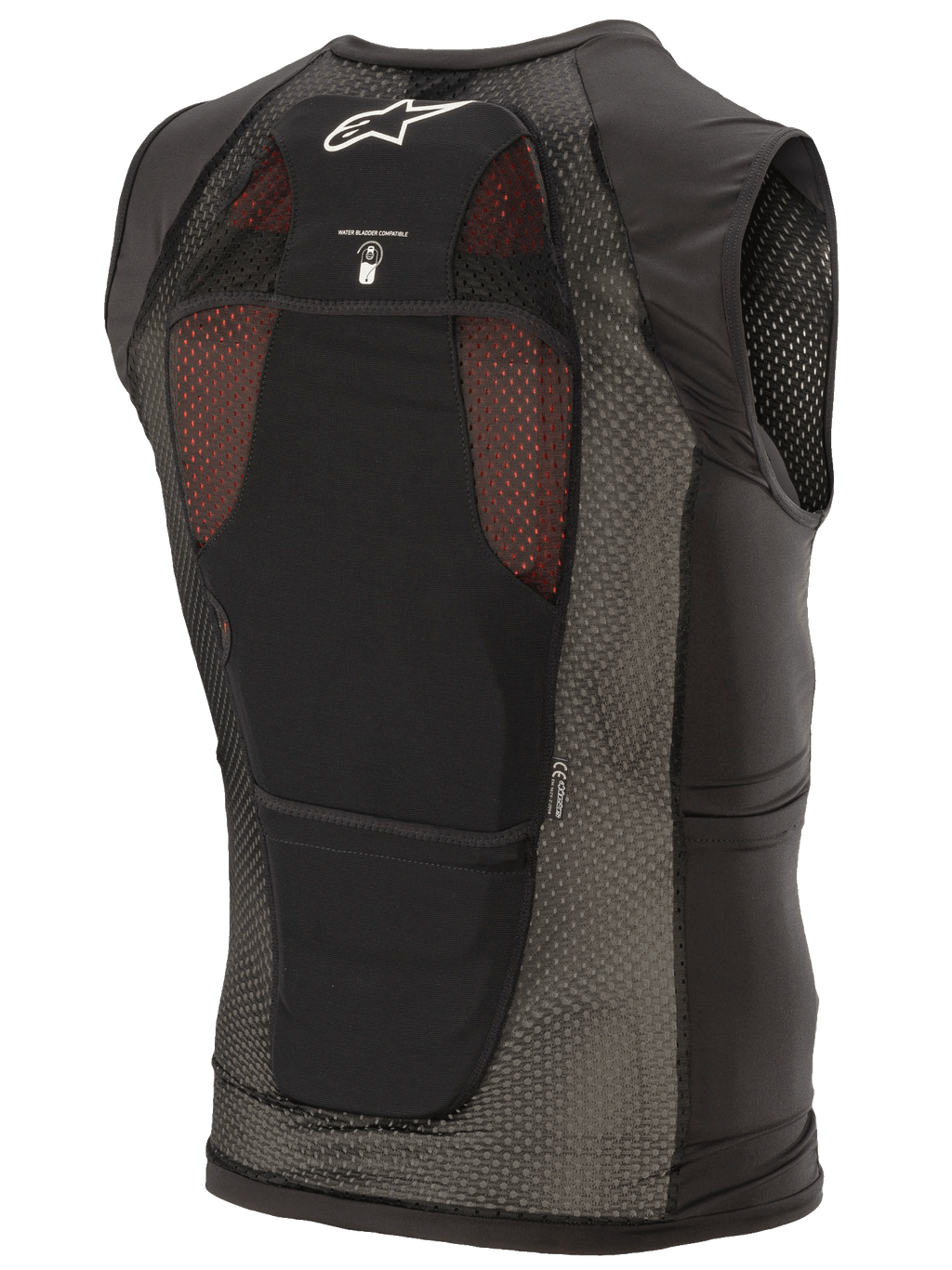 Alpinestars Paragon Plus Protection Vest, nero, vista posteriore con costruzione in rete elasticizzata leggera, logo Astar bianco, icona compatibilità sacca idrica e paraschiena integrato CE Livello 1