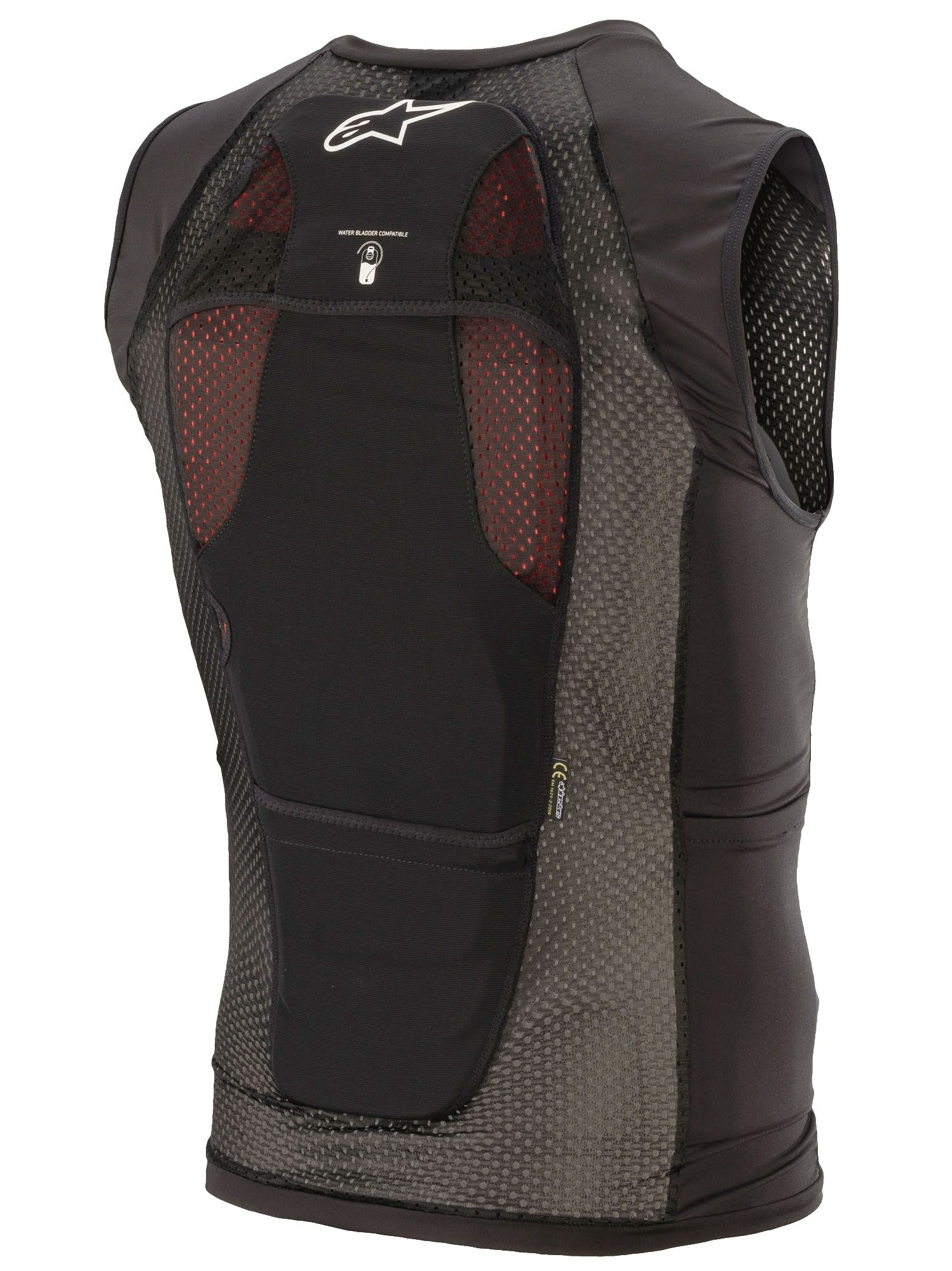 Alpinestars Paragon Plus Protection Vest, nero, vista posteriore con costruzione in rete elasticizzata leggera, logo Astar bianco, icona compatibilità sacca idrica e paraschiena integrato CE Livello 1