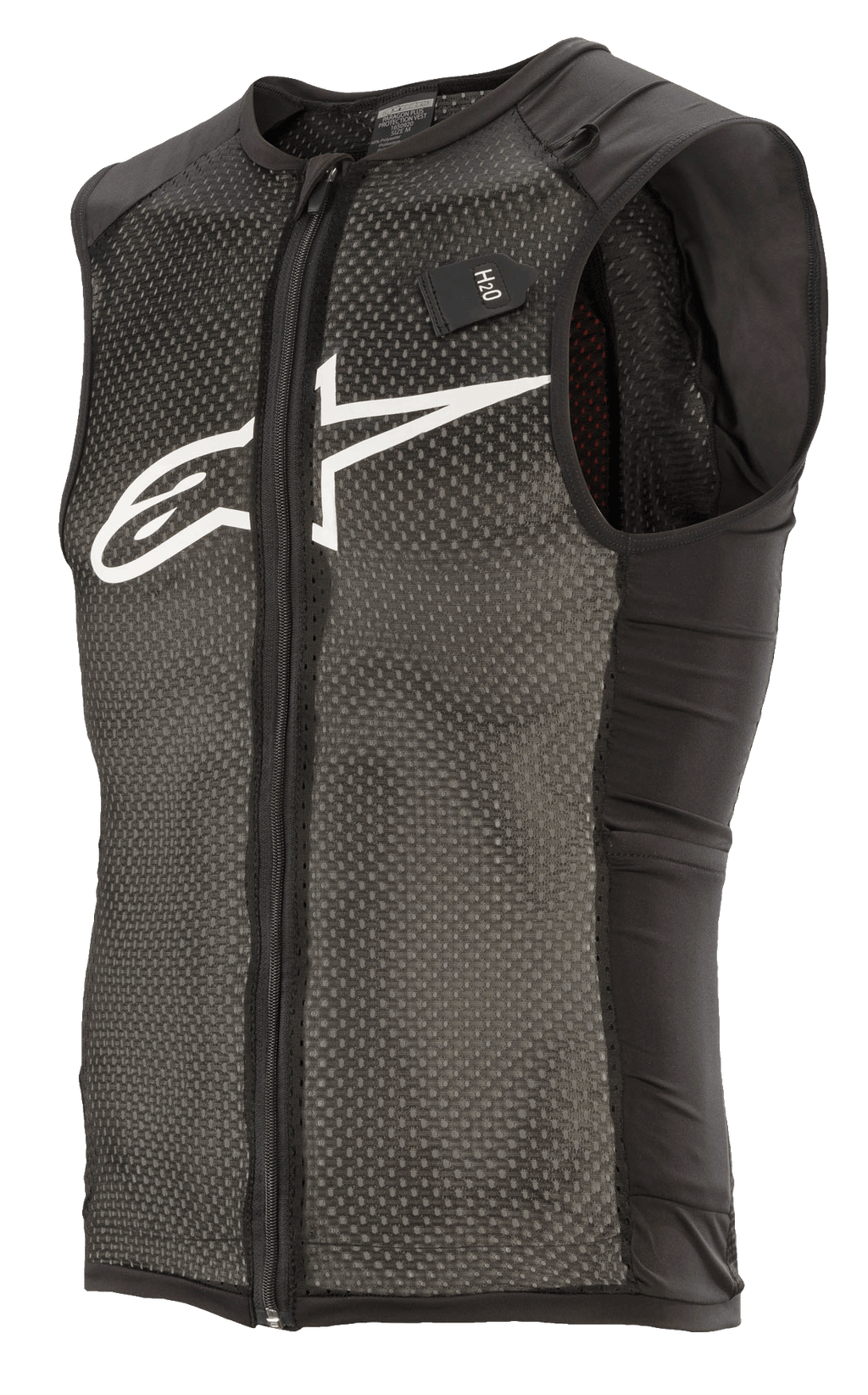 Alpinestars Paragon Plus Protection Vest, nero e bianco, gilet protettivo leggero per MTB con design senza maniche, cerniera frontale integrale, struttura principale in mesh elasticizzato testurizzato, pannelli laterali neri, logo bianco sul petto ed etichetta per il sistema di idratazione H2O