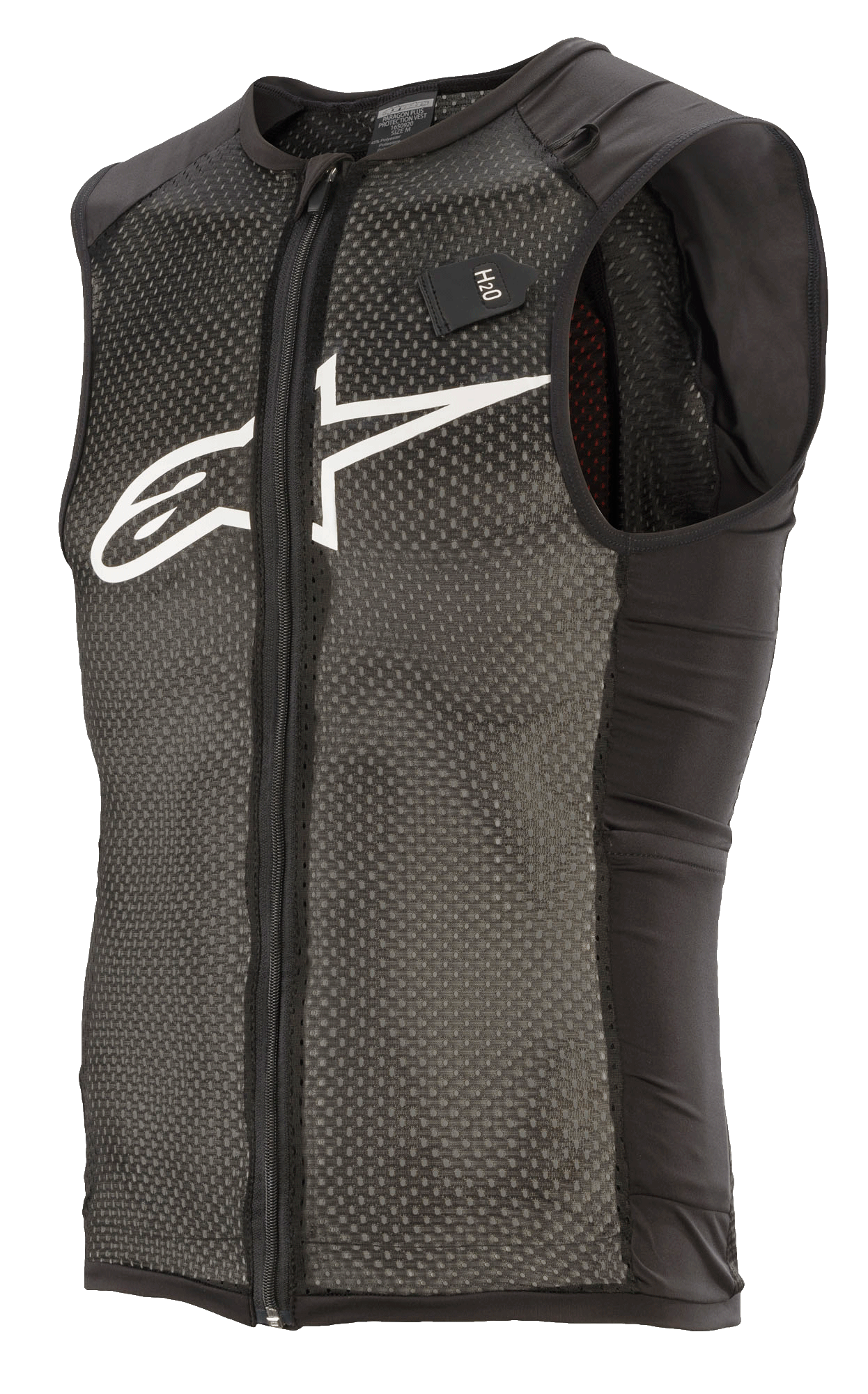 Alpinestars Paragon Plus Protection Vest, nero e bianco, gilet protettivo leggero per MTB con design senza maniche, cerniera frontale integrale, struttura principale in mesh elasticizzato testurizzato, pannelli laterali neri, logo bianco sul petto ed etichetta per il sistema di idratazione H2O