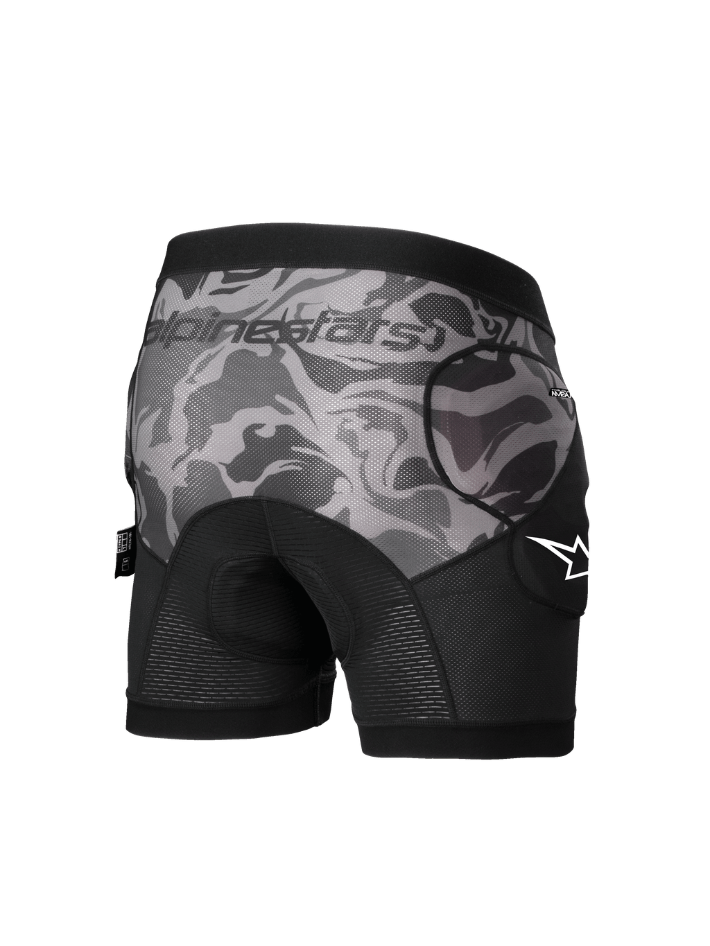Alpinestars Fondello A-Motion Plasma, pantaloncini protettivi MTB da uomo, nero e camo, protettori per l'anca rimovibili certificati CE Livello 1, vista posteriore