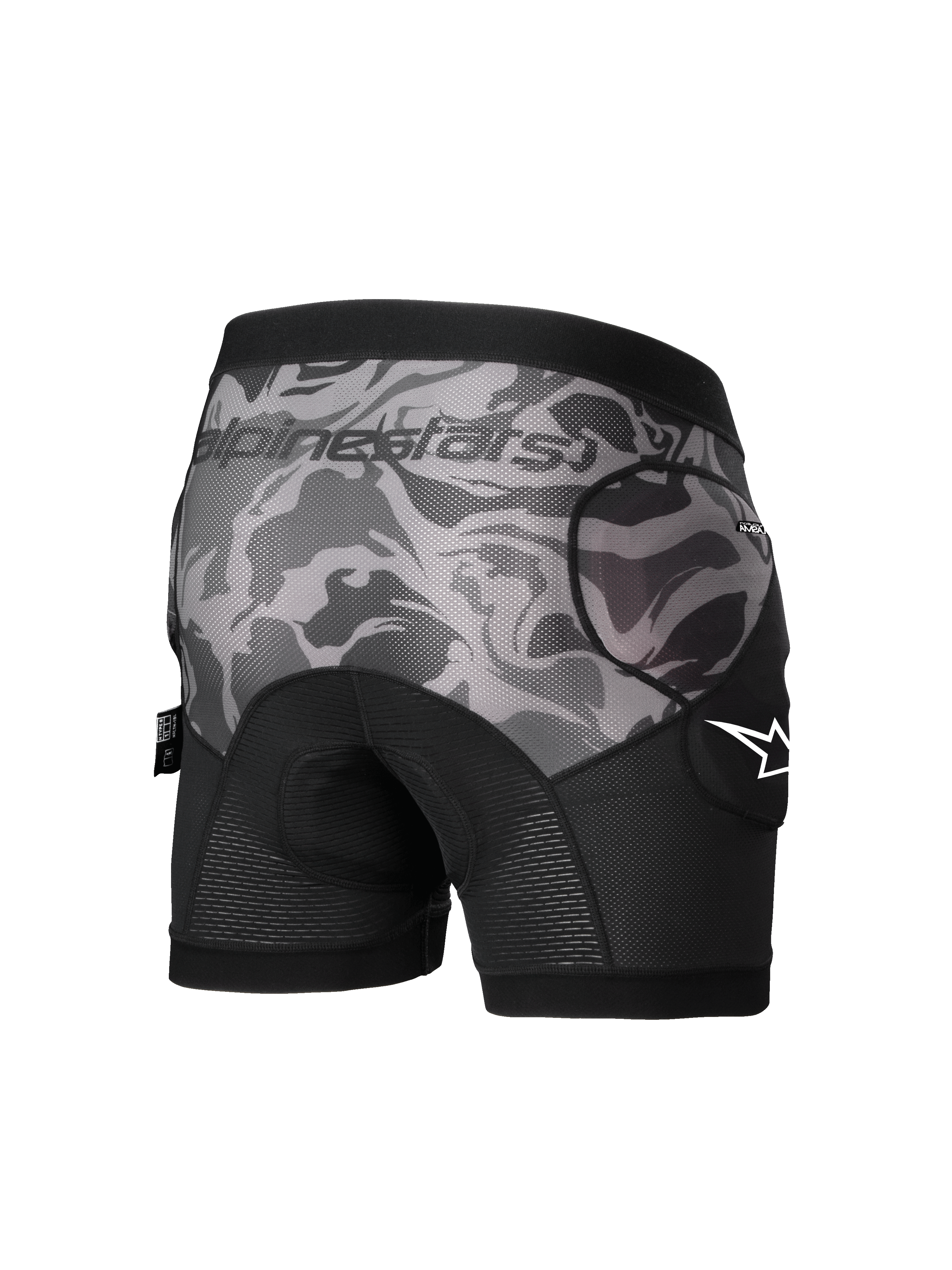 Alpinestars Fondello A-Motion Plasma, pantaloncini protettivi MTB da uomo, nero e camo, protettori per l'anca rimovibili certificati CE Livello 1, vista posteriore