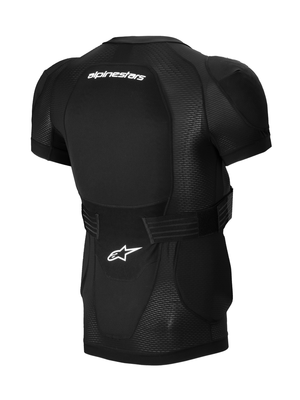Alpinestars A-Impact Plasma Protection Jacket - Short Sleeve, giacca protettiva nera a maniche corte, vista posteriore con paraschiena integrato, loghi bianchi, fascia regolabile in vita e struttura in rete traspirante per MTB